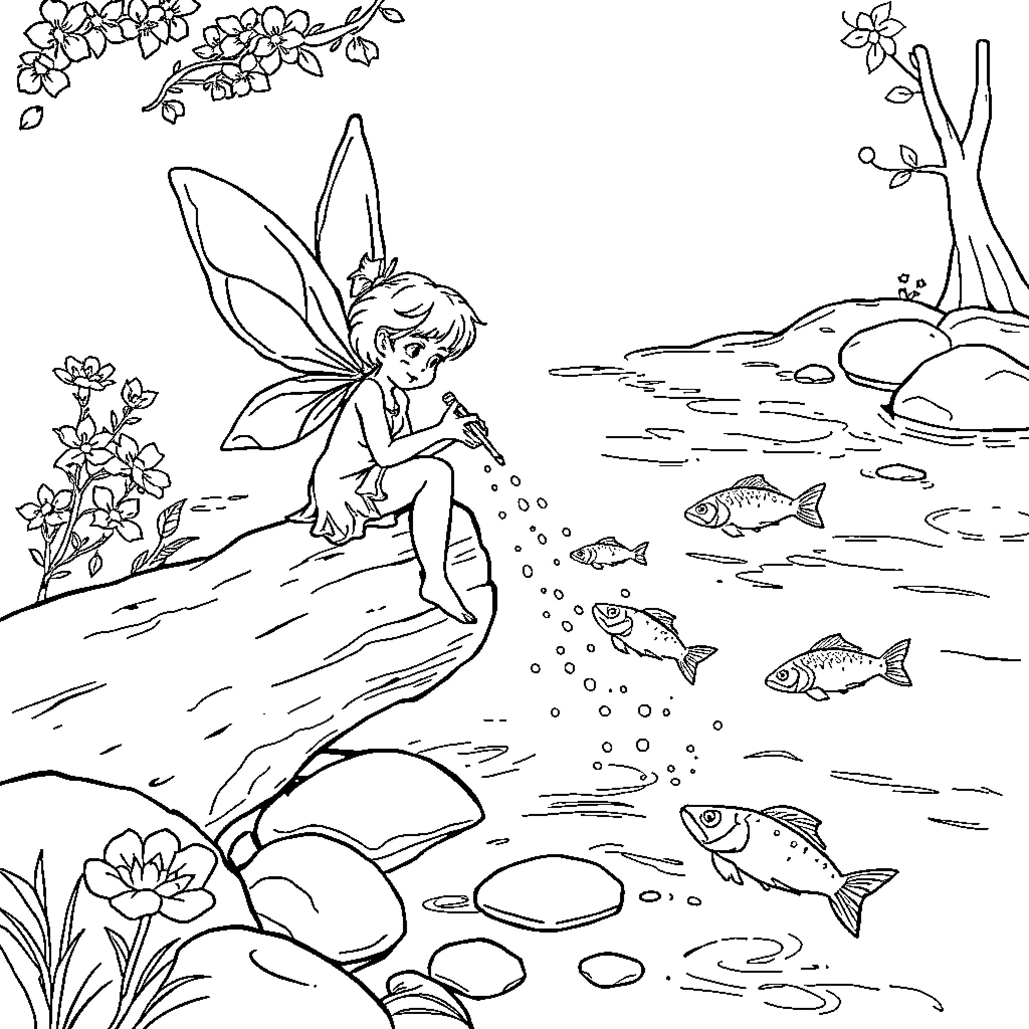Fairy playing by the enchanted river Coloring Page (free black-and-white line drawing printable PDF for all, from beginners to advanced learners, including children, teens, adults, and seniors)