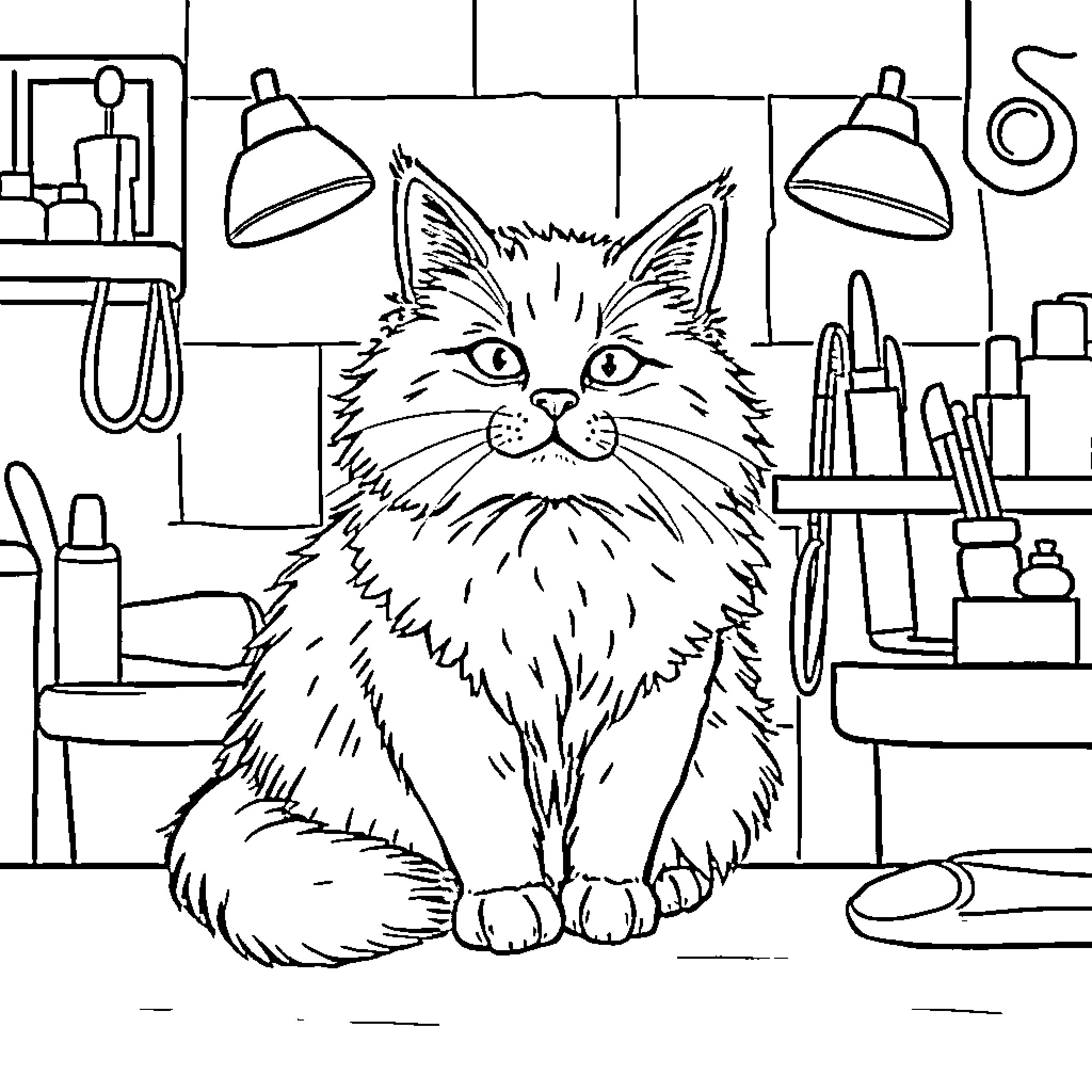 Cat sitting in a cluttered room Coloring Page (free black-and-white line drawing printable PDF for all, from beginners to advanced learners, including children, teens, adults, and seniors)