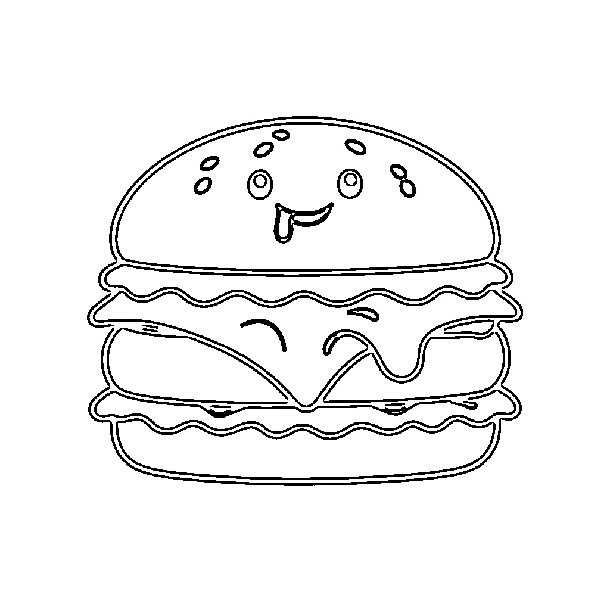 Cheeseburger with a happy face Coloring Page (free black-and-white line drawing printable PDF for all, from beginners to advanced learners, including children, teens, adults, and seniors)