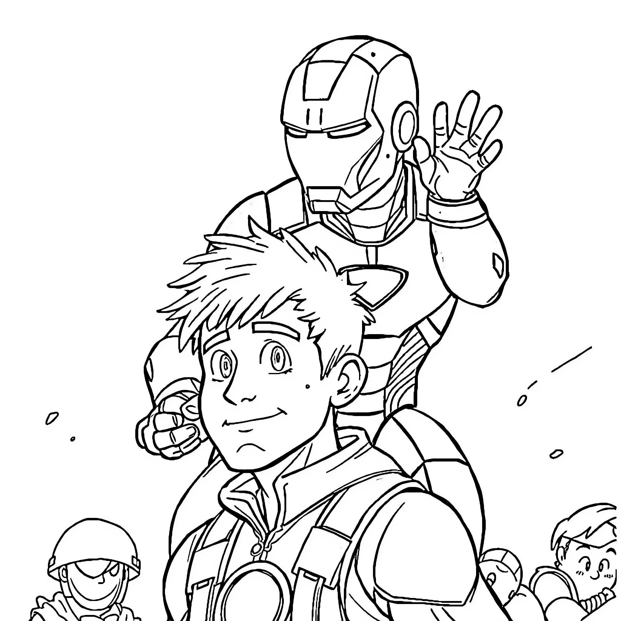 Iron Man Heroic Pose with Companions Coloring Page (free black-and-white line drawing printable PDF for all, from beginners to advanced learners, including children, teens, adults, and seniors)