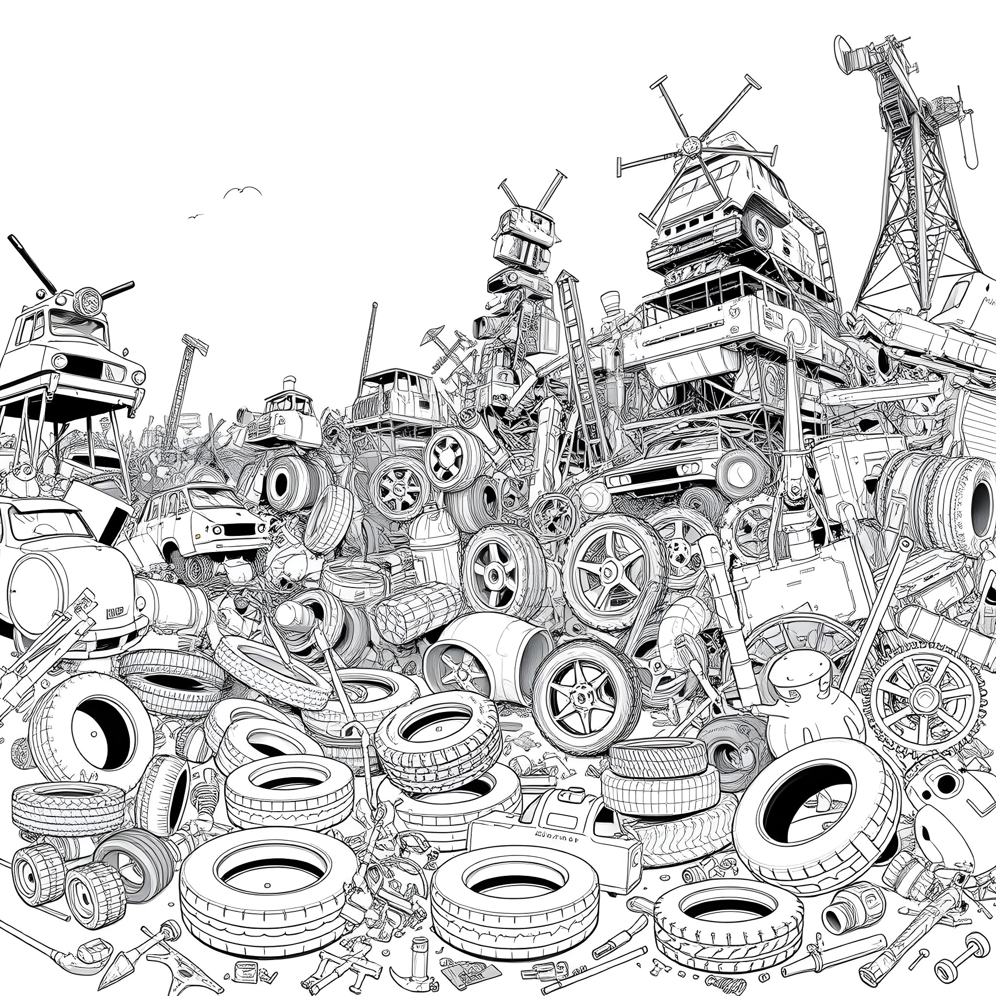 Junk Yard with Various Discarded Vehicles and Parts Coloring Page (free black-and-white line drawing printable PDF for all, from beginners to advanced learners, including children, teens, adults, and seniors)