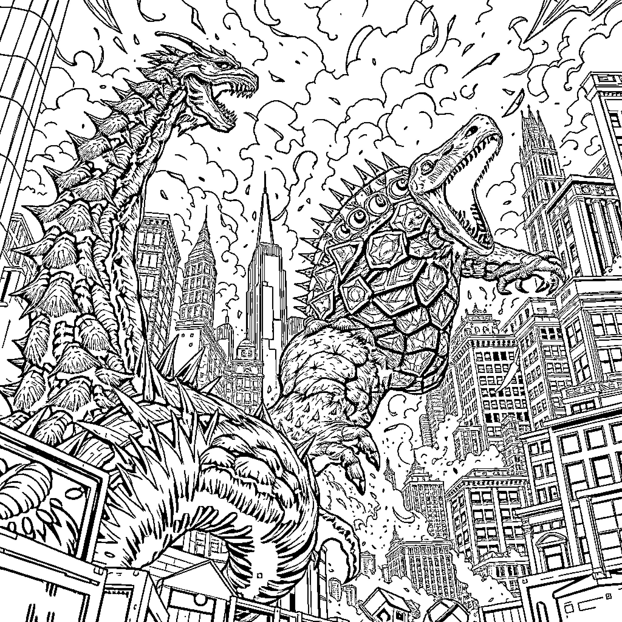 Kaiju Titans Clash in Cityscape Chaos Coloring Page (free black-and-white line drawing printable PDF for all, from beginners to advanced learners, including children, teens, adults, and seniors)
