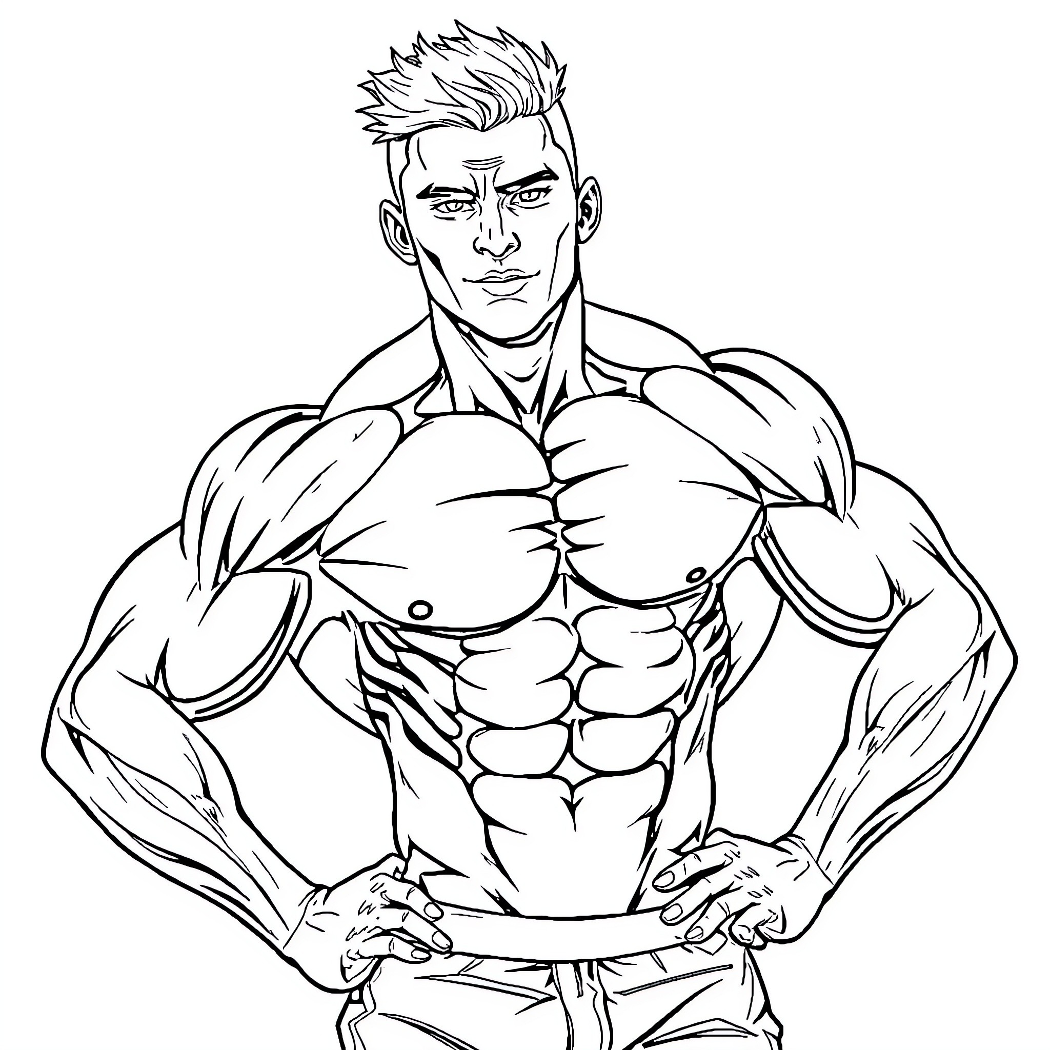 Boy with muscular build showcasing his physique Coloring Page (free black-and-white line drawing printable PDF for all, from beginners to advanced learners, including children, teens, adults, and seniors)