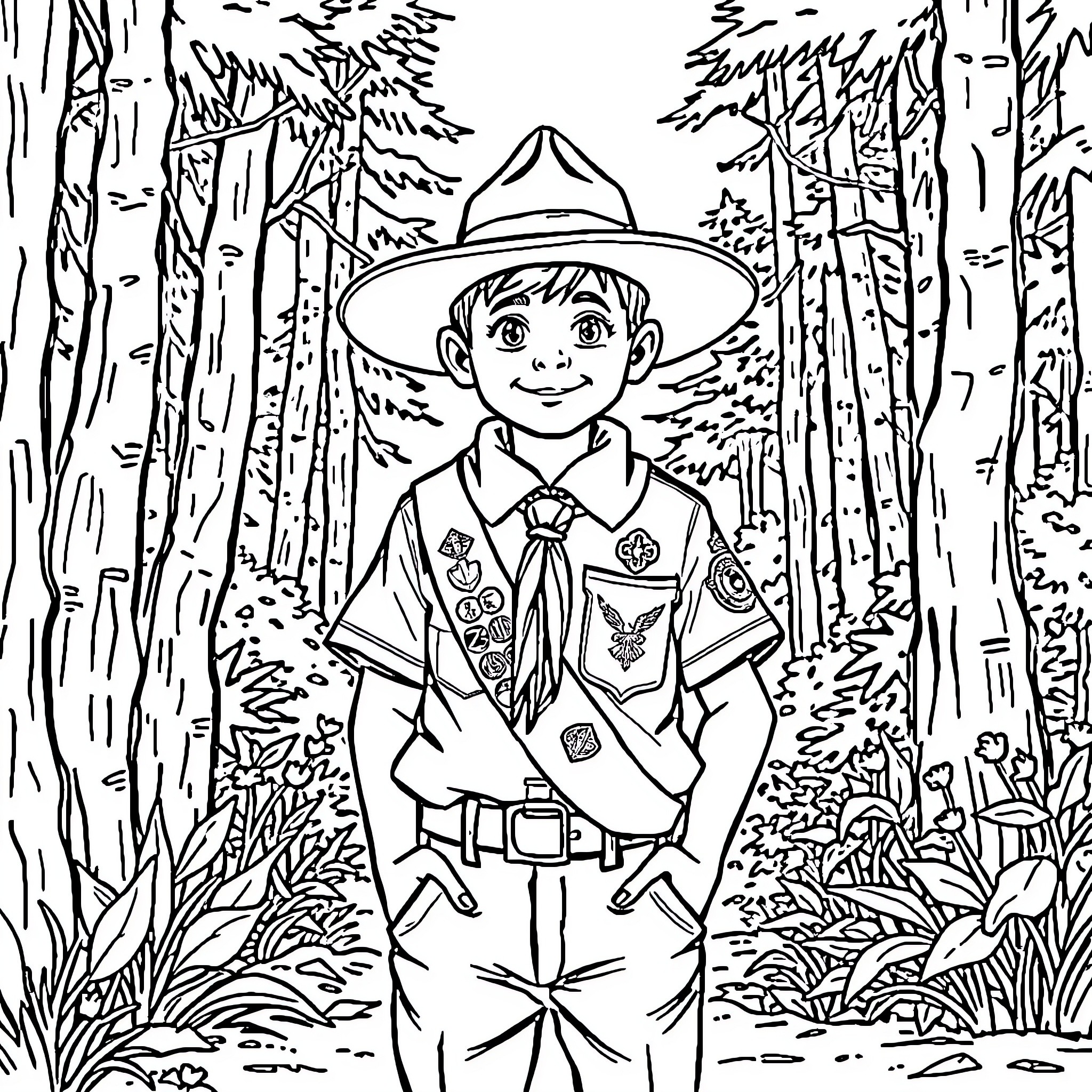Boy Scout exploring the forest wilderness Coloring Page (free black-and-white line drawing printable PDF for all, from beginners to advanced learners, including children, teens, adults, and seniors)