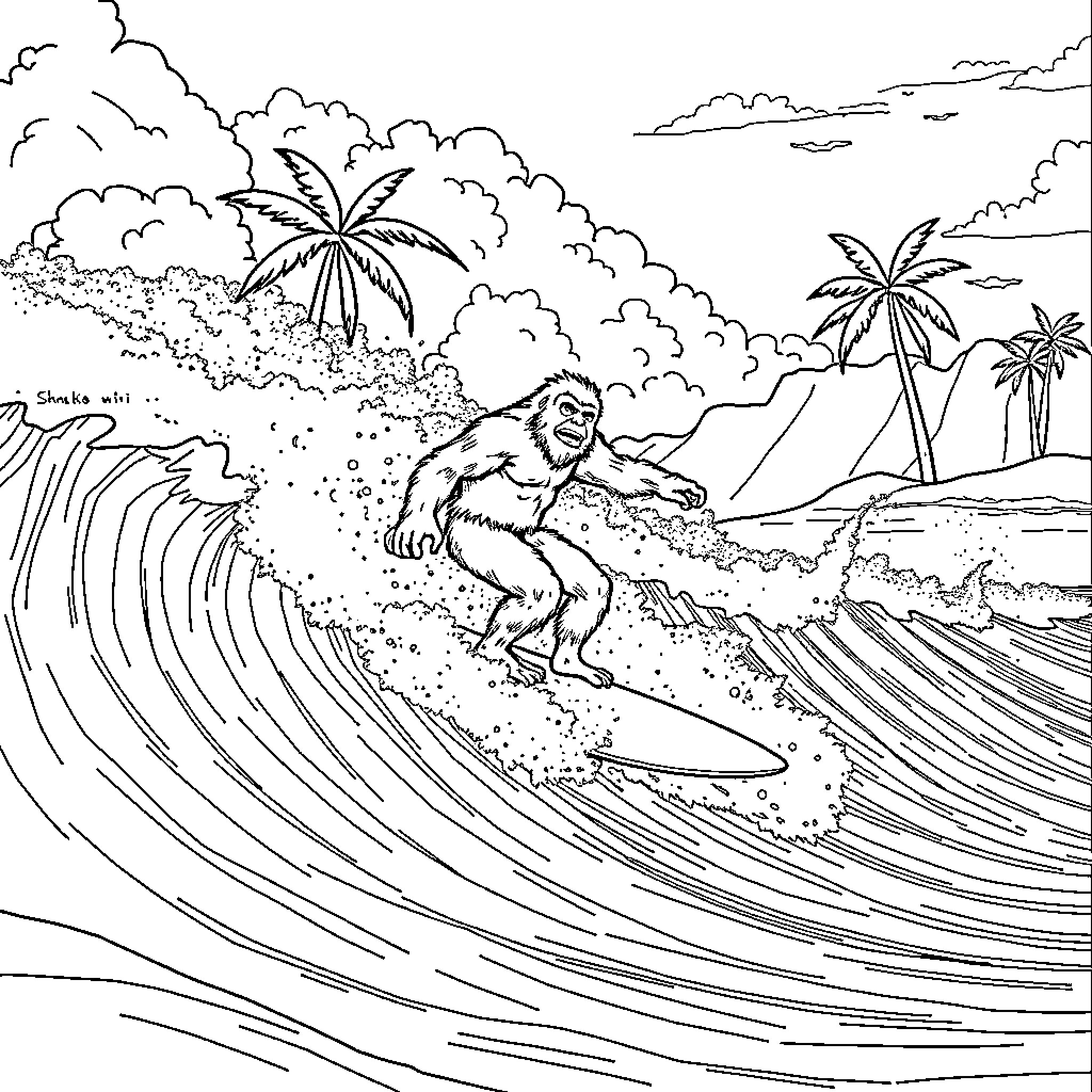 Sasquatch surfing majestic ocean waves amid palm trees Coloring Page (free black-and-white line drawing printable PDF for all, from beginners to advanced learners, including children, teens, adults, and seniors)