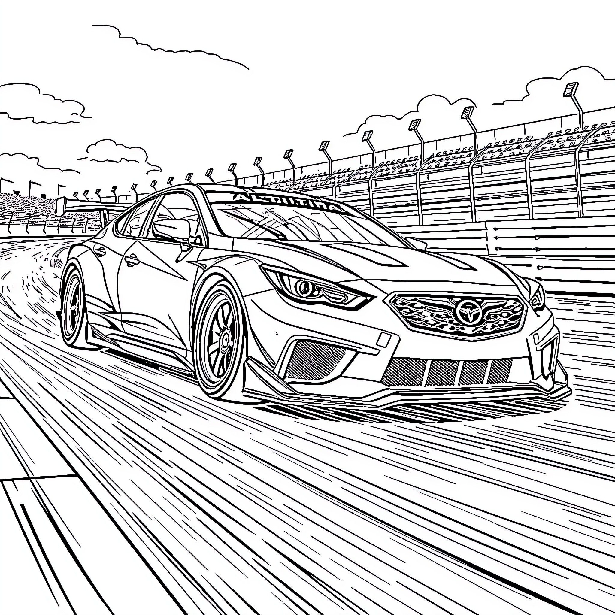 Altima Racing on Racetrack with Spectators Coloring Page (free black-and-white line drawing printable PDF for all, from beginners to advanced learners, including children, teens, adults, and seniors)