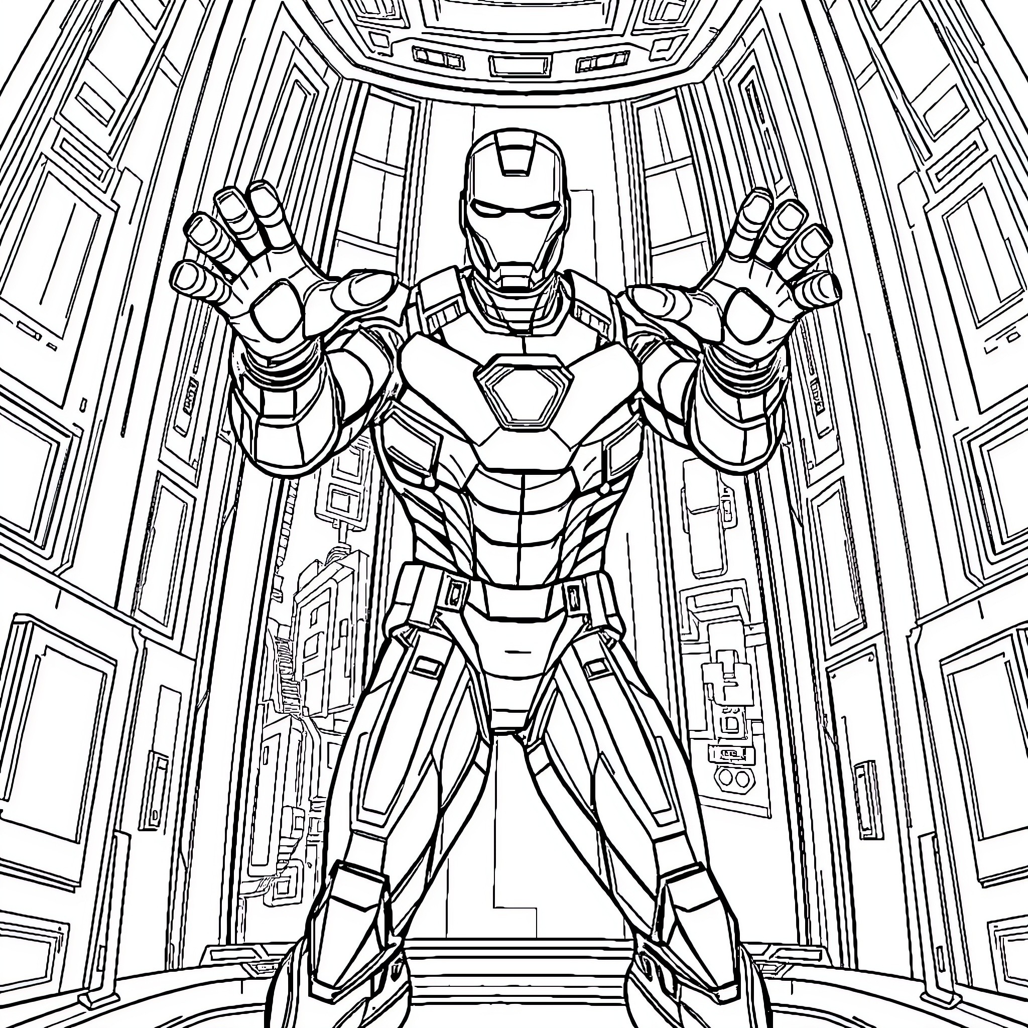 Ironman in heroic action pose in futuristic setting Coloring Page (free black-and-white line drawing printable PDF for all, from beginners to advanced learners, including children, teens, adults, and seniors)