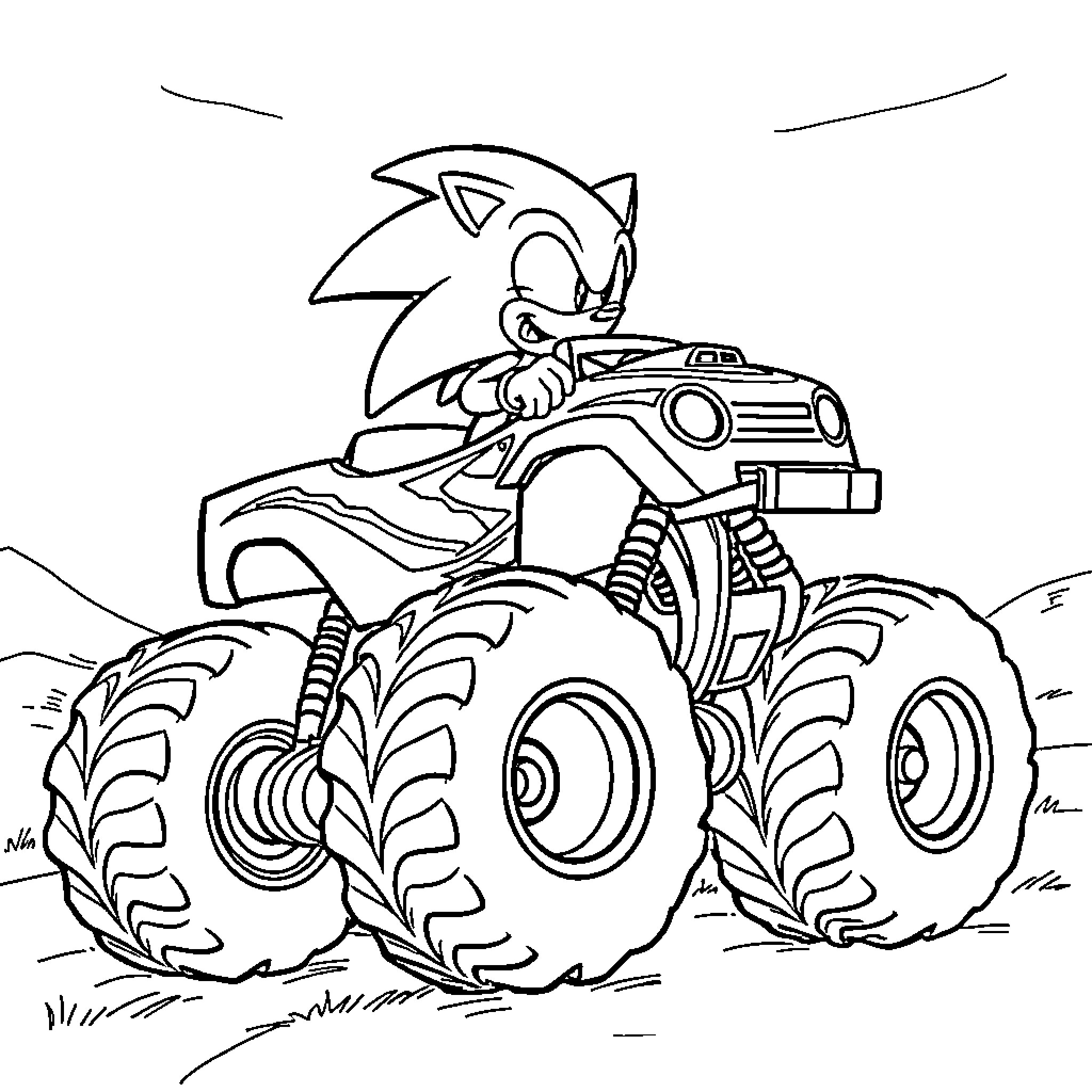 Sonic speeding on a monster truck in the wilderness Coloring Page (free black-and-white line drawing printable PDF for all, from beginners to advanced learners, including children, teens, adults, and seniors)