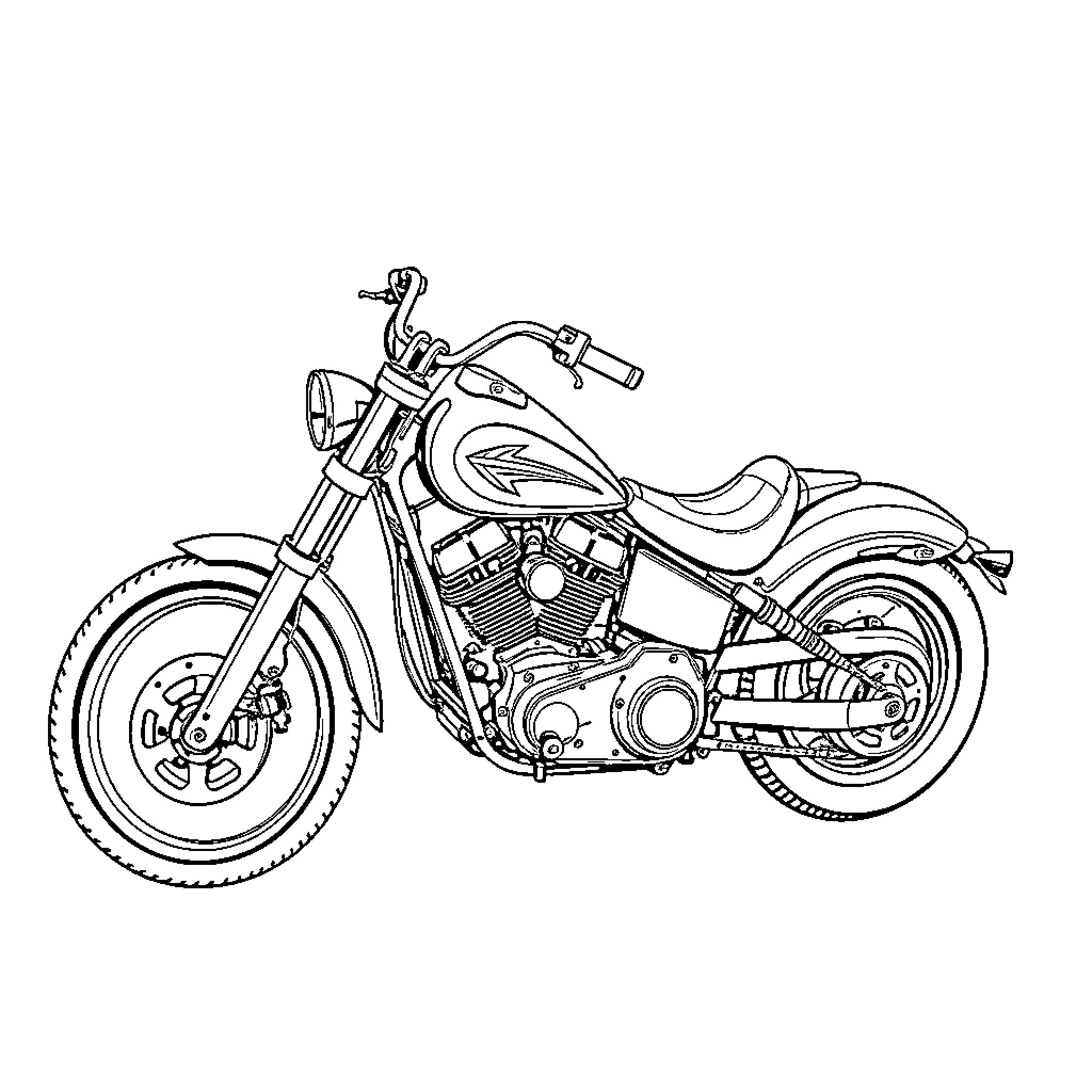 Chopper motorcycle sketch with engine details Coloring Page (free black-and-white line drawing printable PDF for all, from beginners to advanced learners, including children, teens, adults, and seniors)