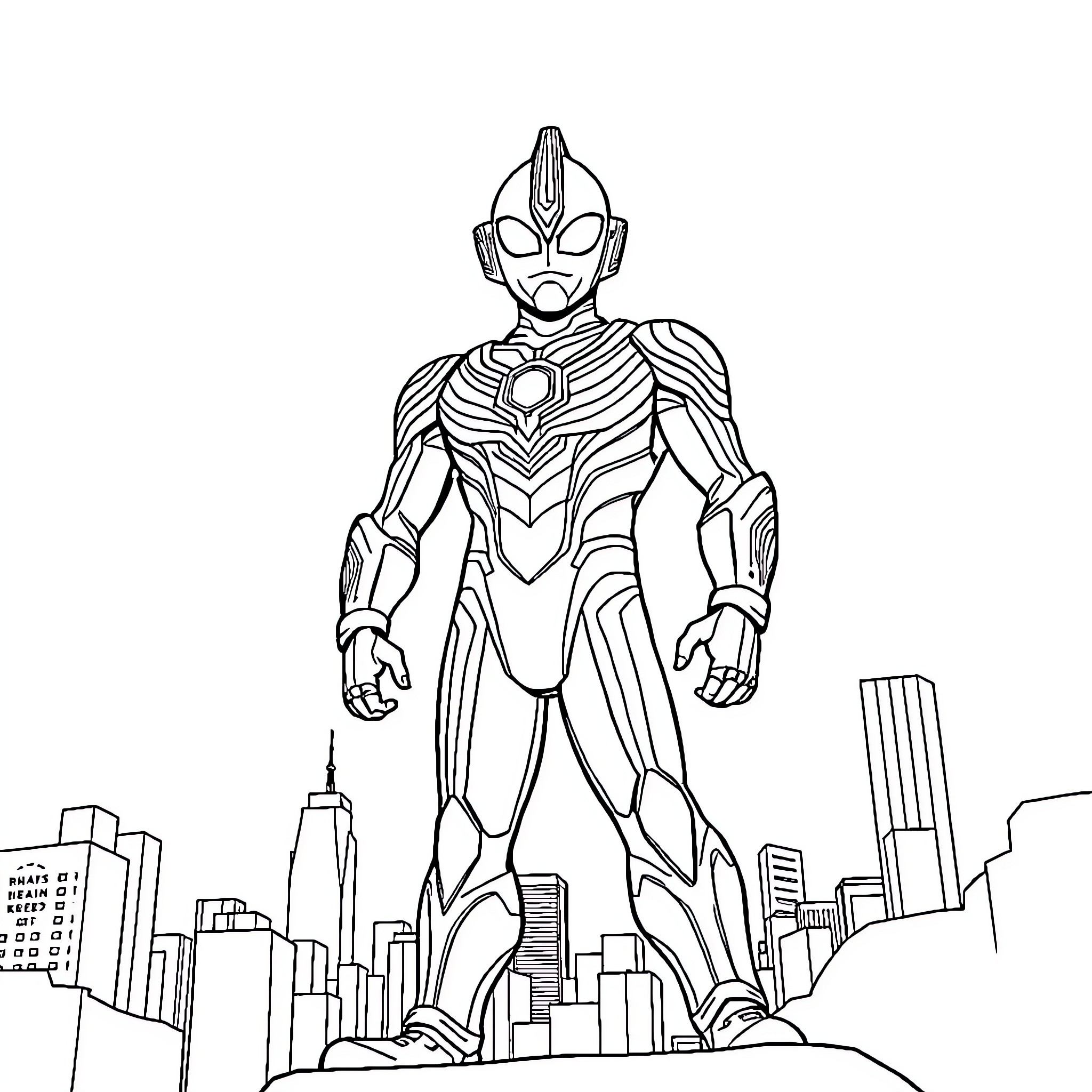 Ultraman standing heroically over the city Coloring Page (free black-and-white line drawing printable PDF for all, from beginners to advanced learners, including children, teens, adults, and seniors)