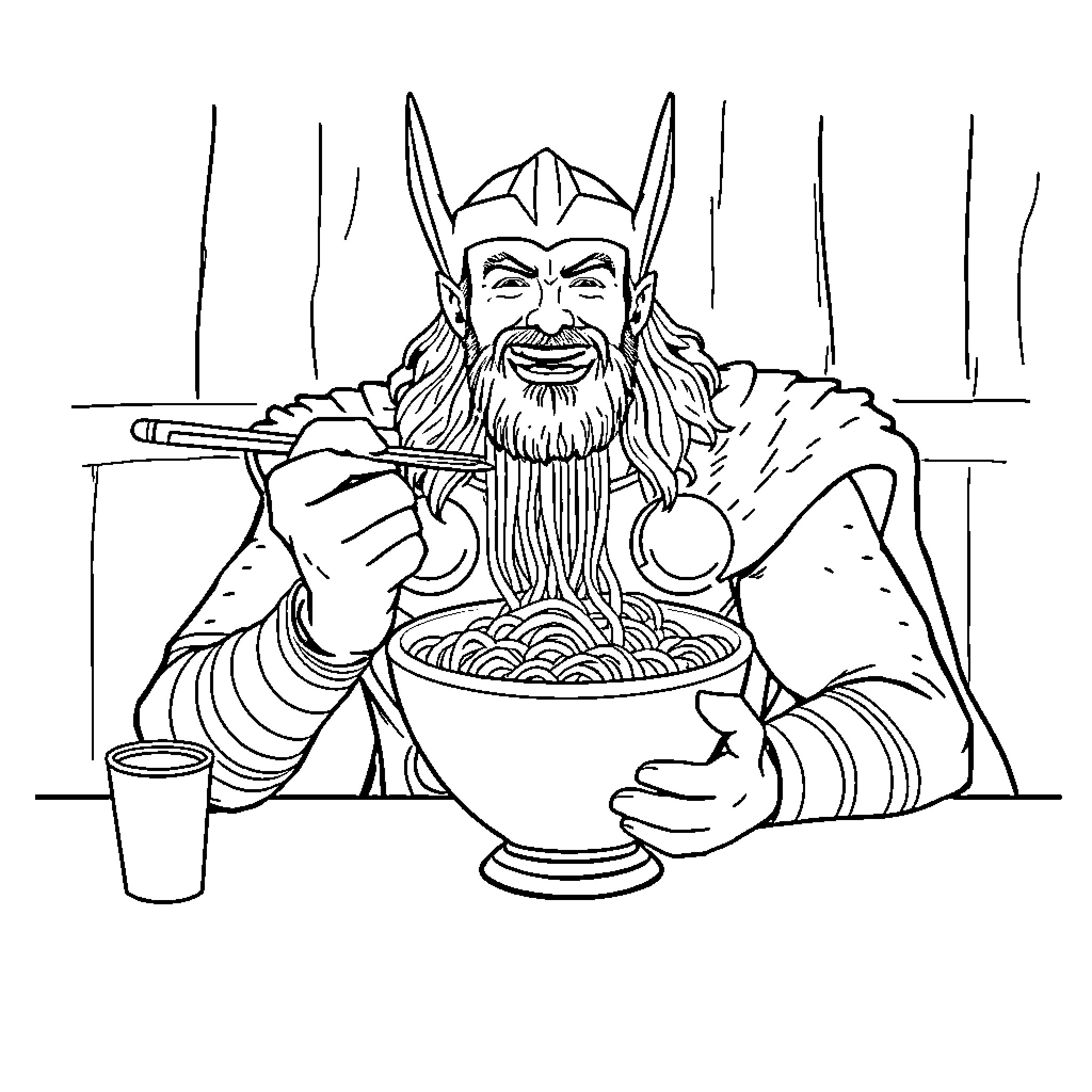 Thor Enjoying a Hearty Meal Coloring Page (free black-and-white line drawing printable PDF for all, from beginners to advanced learners, including children, teens, adults, and seniors)