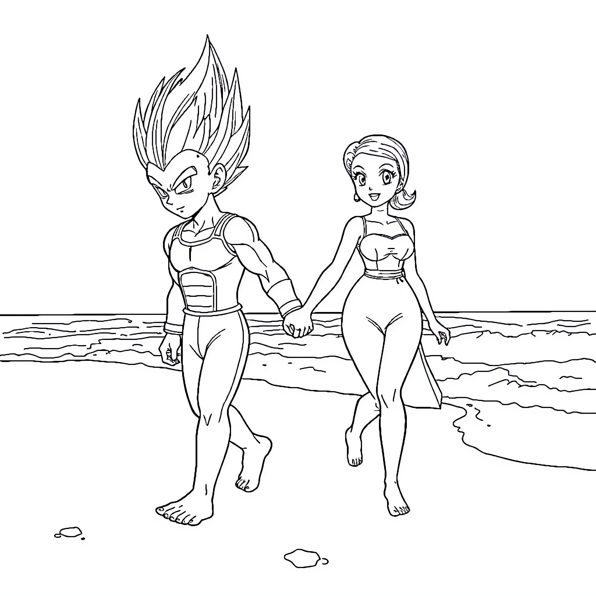 Vegeta and female companion enjoying the beach Coloring Page (free black-and-white line drawing printable PDF for all, from beginners to advanced learners, including children, teens, adults, and seniors)