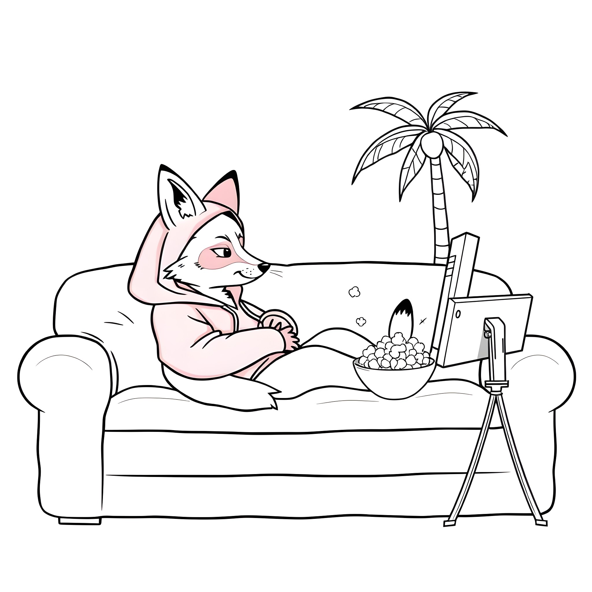Fox lounging on couch with snacks and palm tree Coloring Page (free black-and-white line drawing printable PDF for all, from beginners to advanced learners, including children, teens, adults, and seniors)