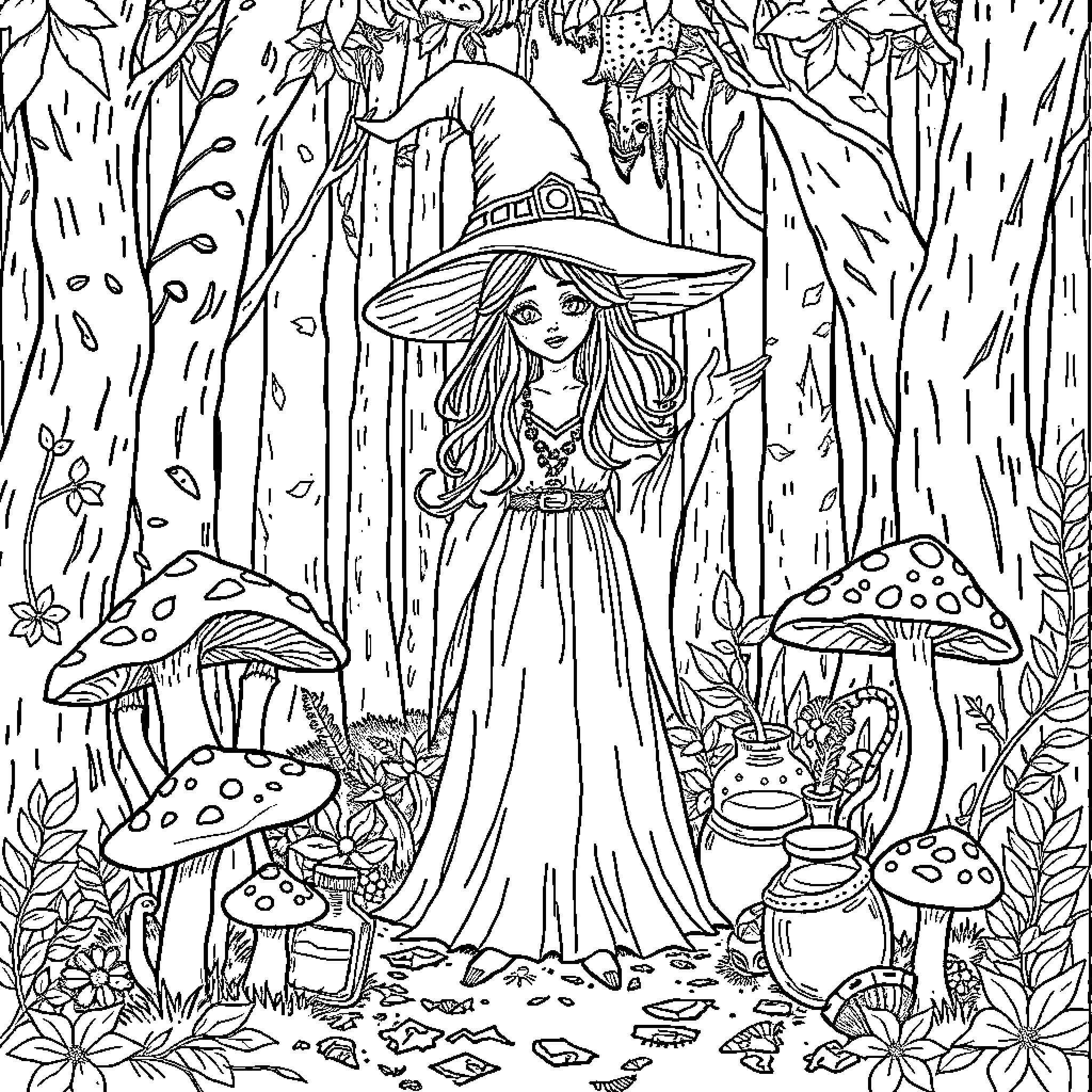 Mushroom Witch in the Enchanted Forest Coloring Page (free black-and-white line drawing printable PDF for all, from beginners to advanced learners, including children, teens, adults, and seniors)