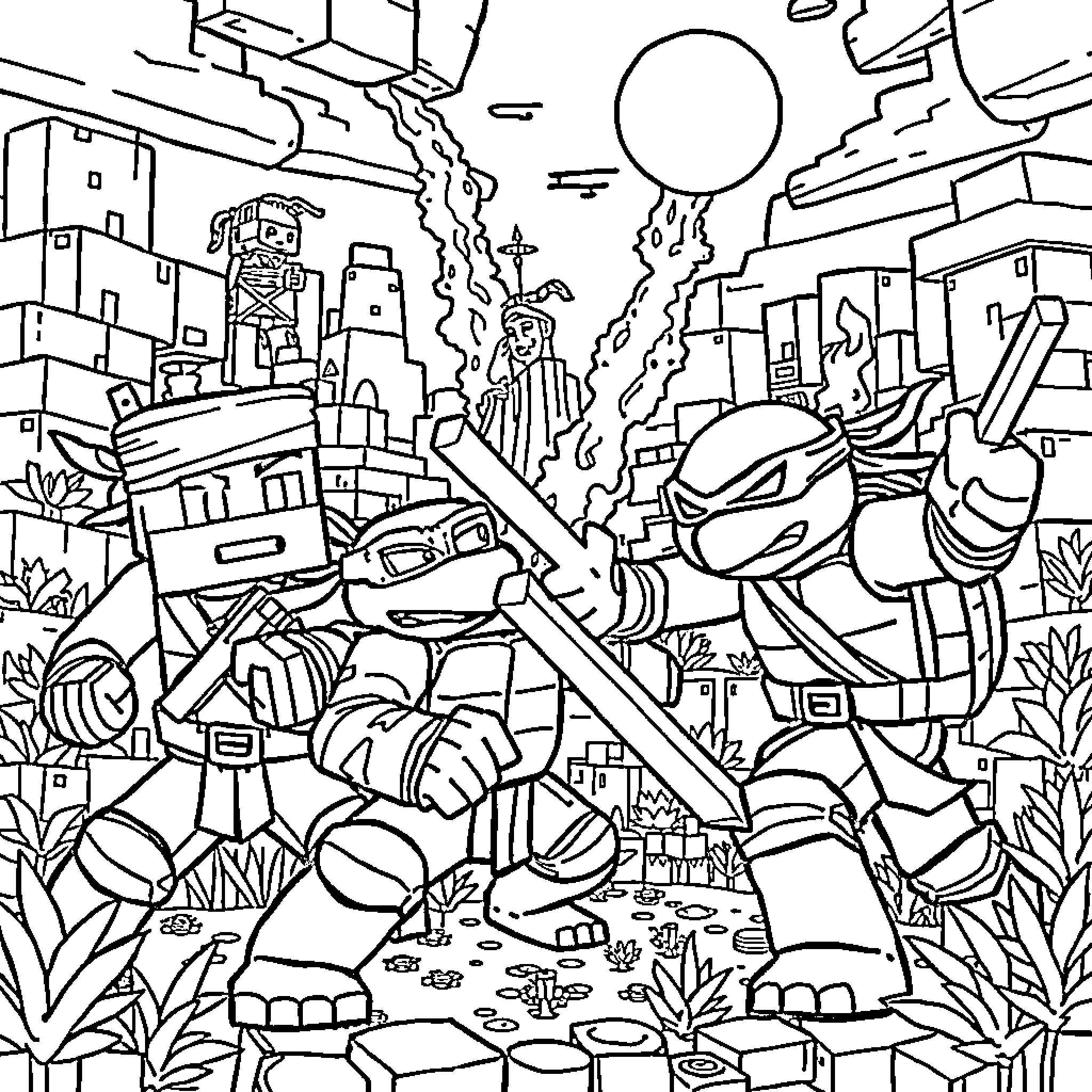 Minecraft characters battling in a futuristic city Coloring Page (free black-and-white line drawing printable PDF for all, from beginners to advanced learners, including children, teens, adults, and seniors)