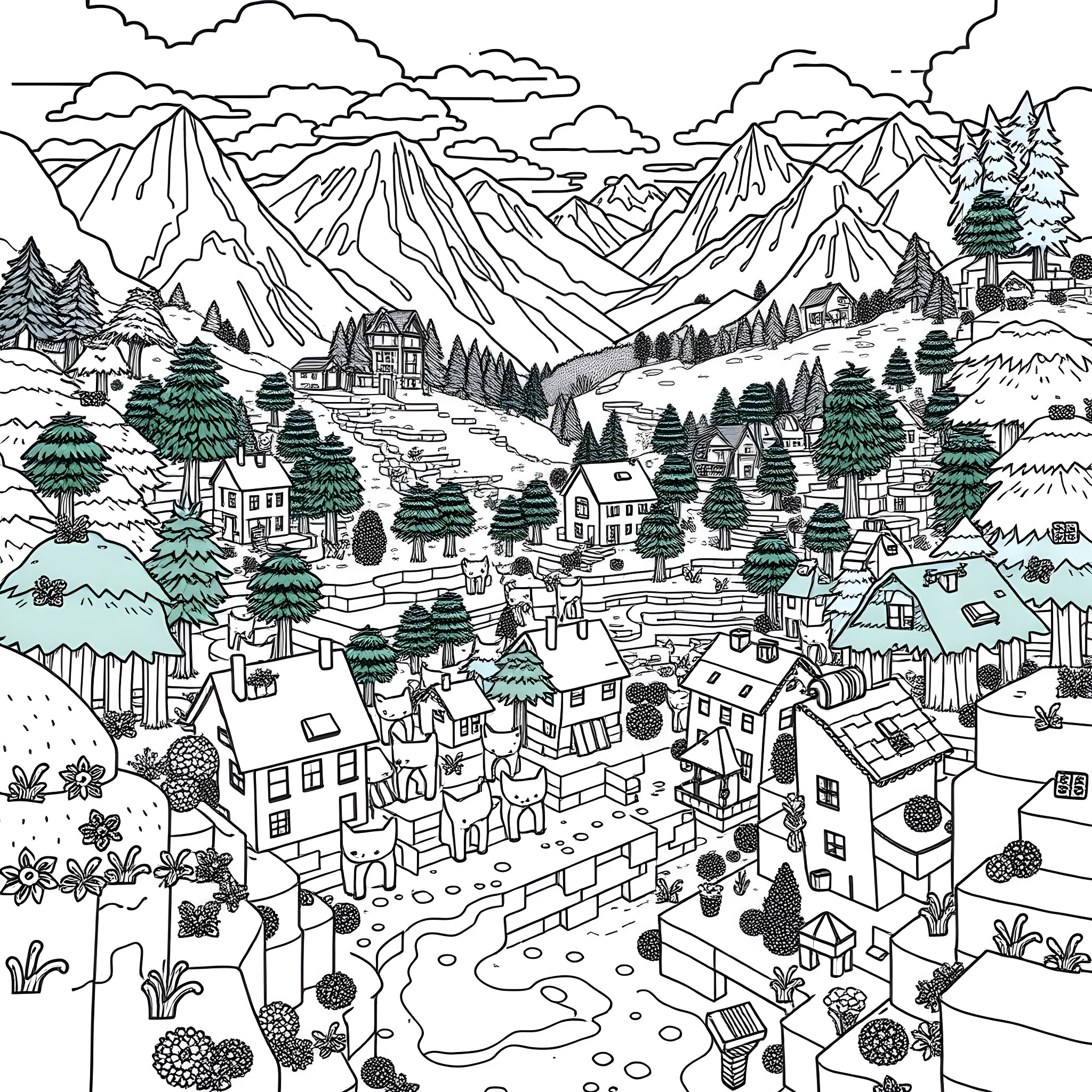 Cat explores a picturesque mountain village Coloring Page (free black-and-white line drawing printable PDF for all, from beginners to advanced learners, including children, teens, adults, and seniors)