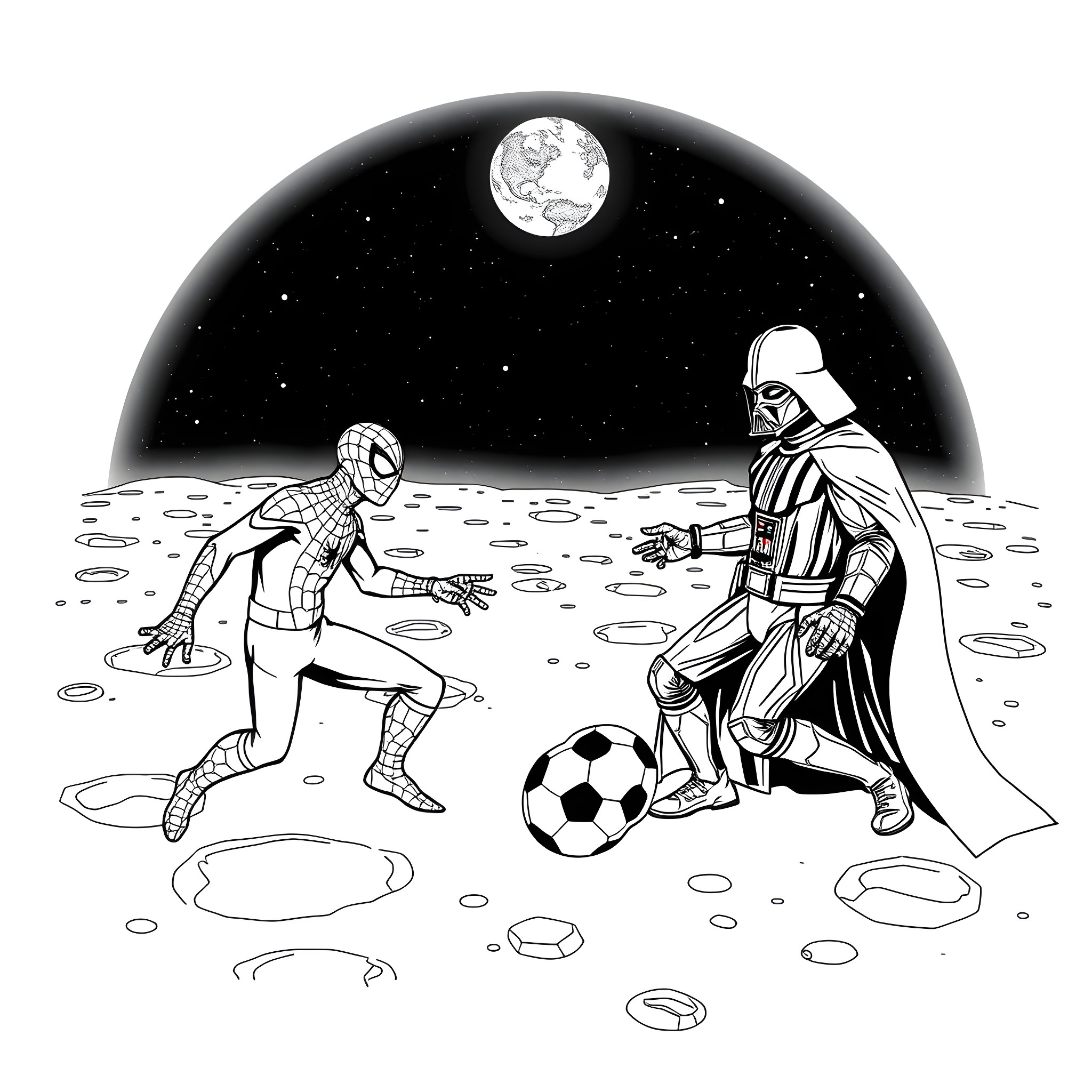 Spiderman playing soccer with Darth Vader on the moon Coloring Page (free black-and-white line drawing printable PDF for all, from beginners to advanced learners, including children, teens, adults, and seniors)