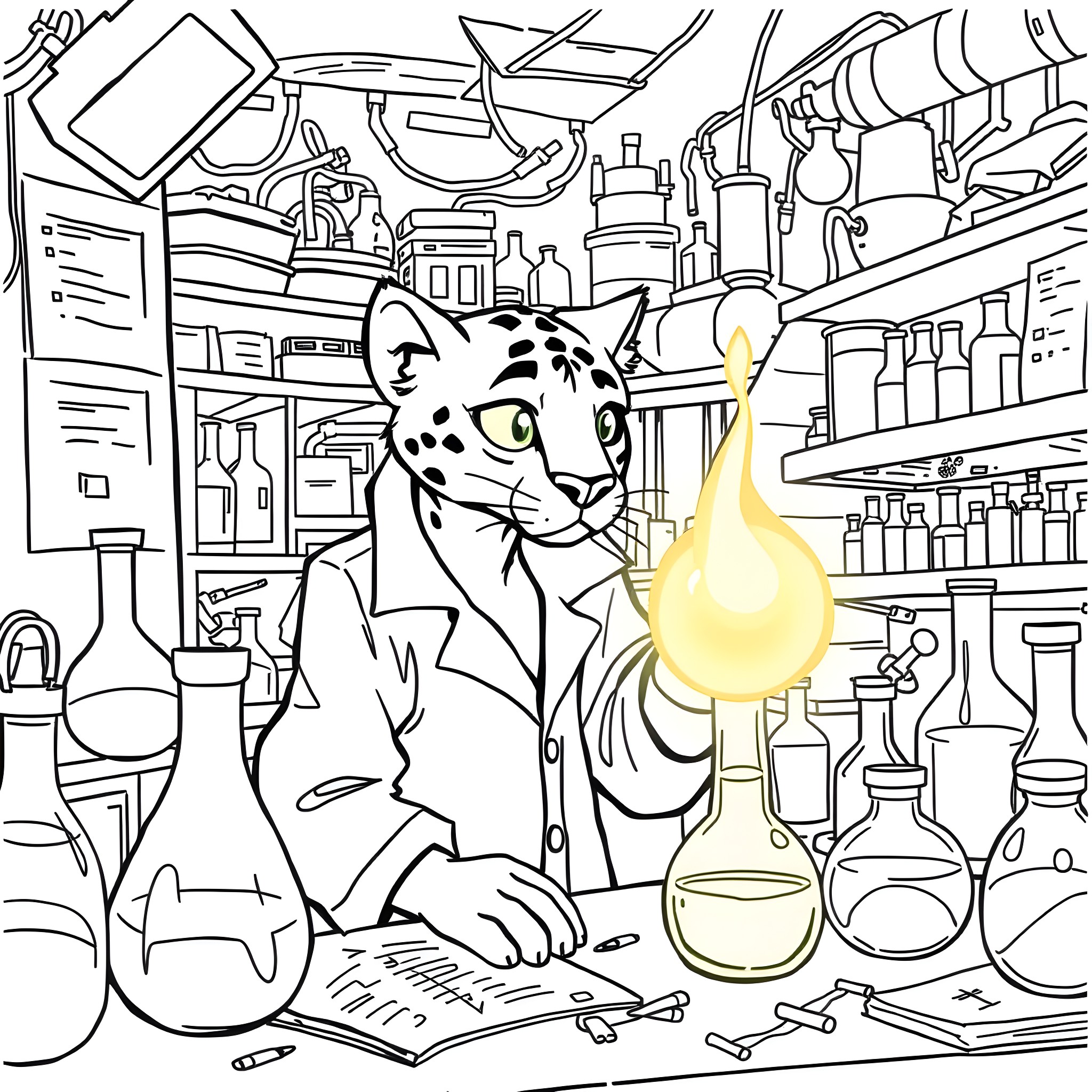 Panther in a Lab Conducting Scientific Experiments Coloring Page (free black-and-white line drawing printable PDF for all, from beginners to advanced learners, including children, teens, adults, and seniors)