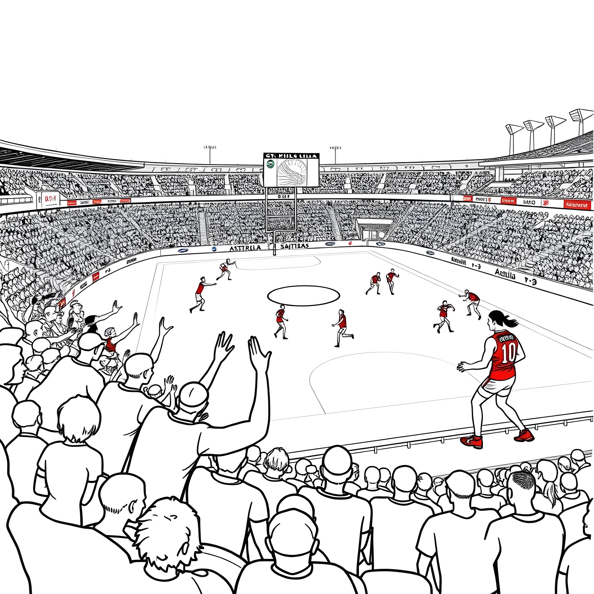 St Kilda Saints battling on the field in stadium Coloring Page (free black-and-white line drawing printable PDF for all, from beginners to advanced learners, including children, teens, adults, and seniors)
