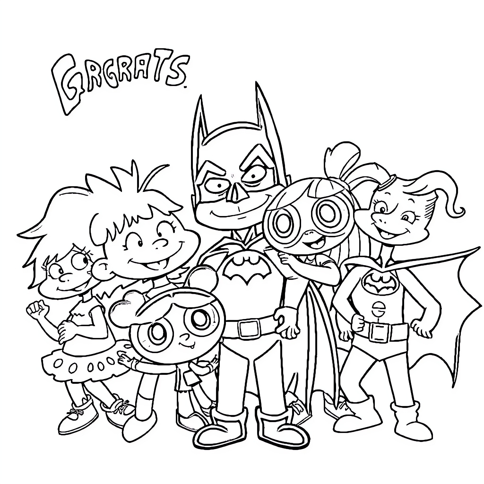 Cartoon Superheroes Posing Together Coloring Page (free black-and-white line drawing printable PDF for all, from beginners to advanced learners, including children, teens, adults, and seniors)