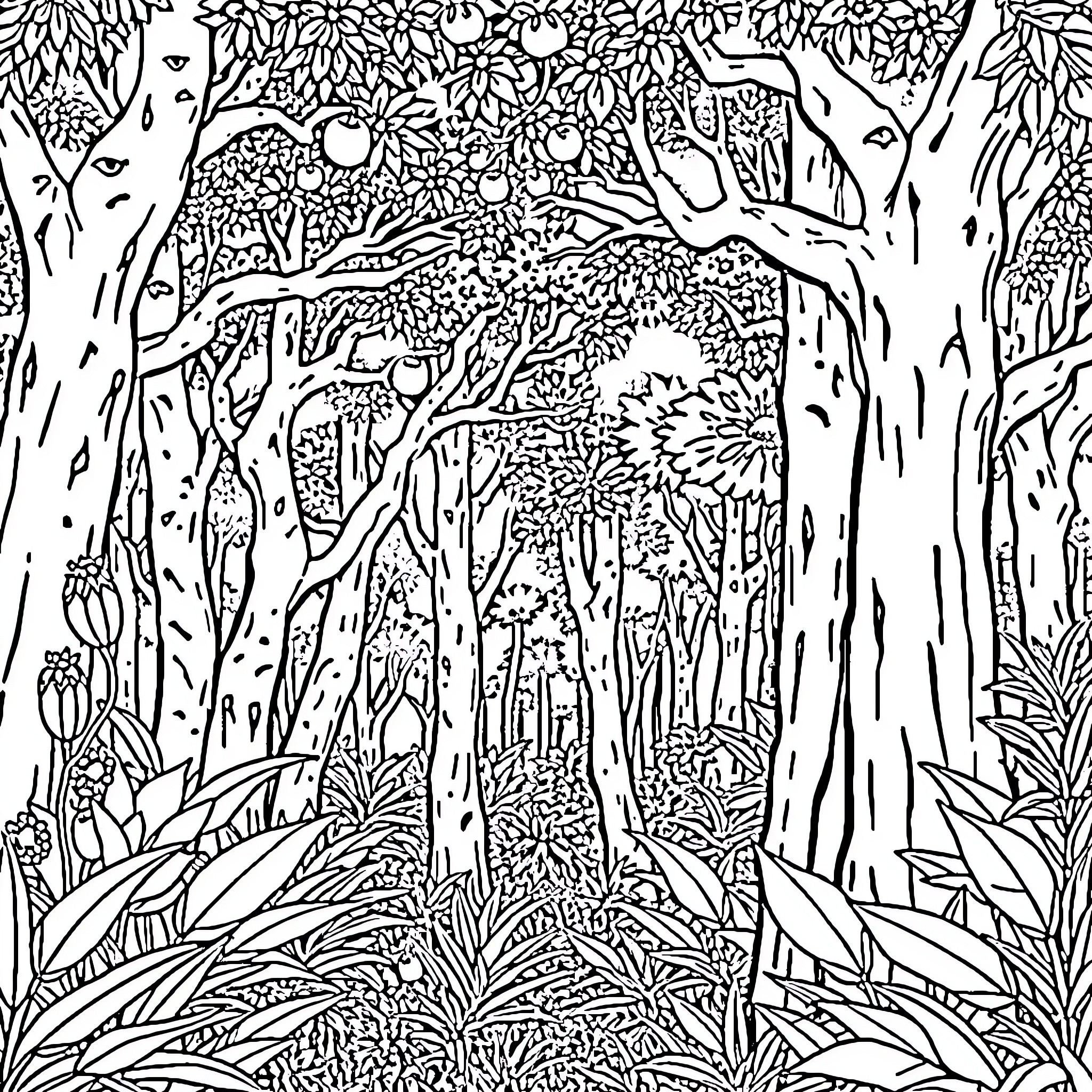 Banana forest filled with intricate foliage Coloring Page (free black-and-white line drawing printable PDF for all, from beginners to advanced learners, including children, teens, adults, and seniors)