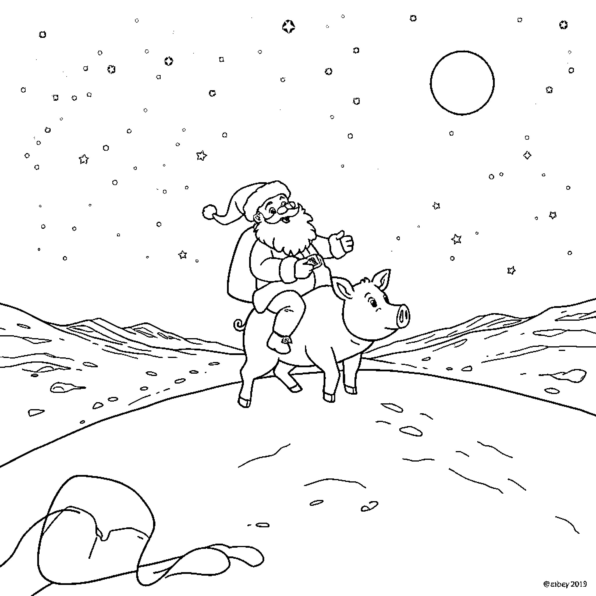 Santa riding a happy pig in the snow Coloring Page (free black-and-white line drawing printable PDF for all, from beginners to advanced learners, including children, teens, adults, and seniors)