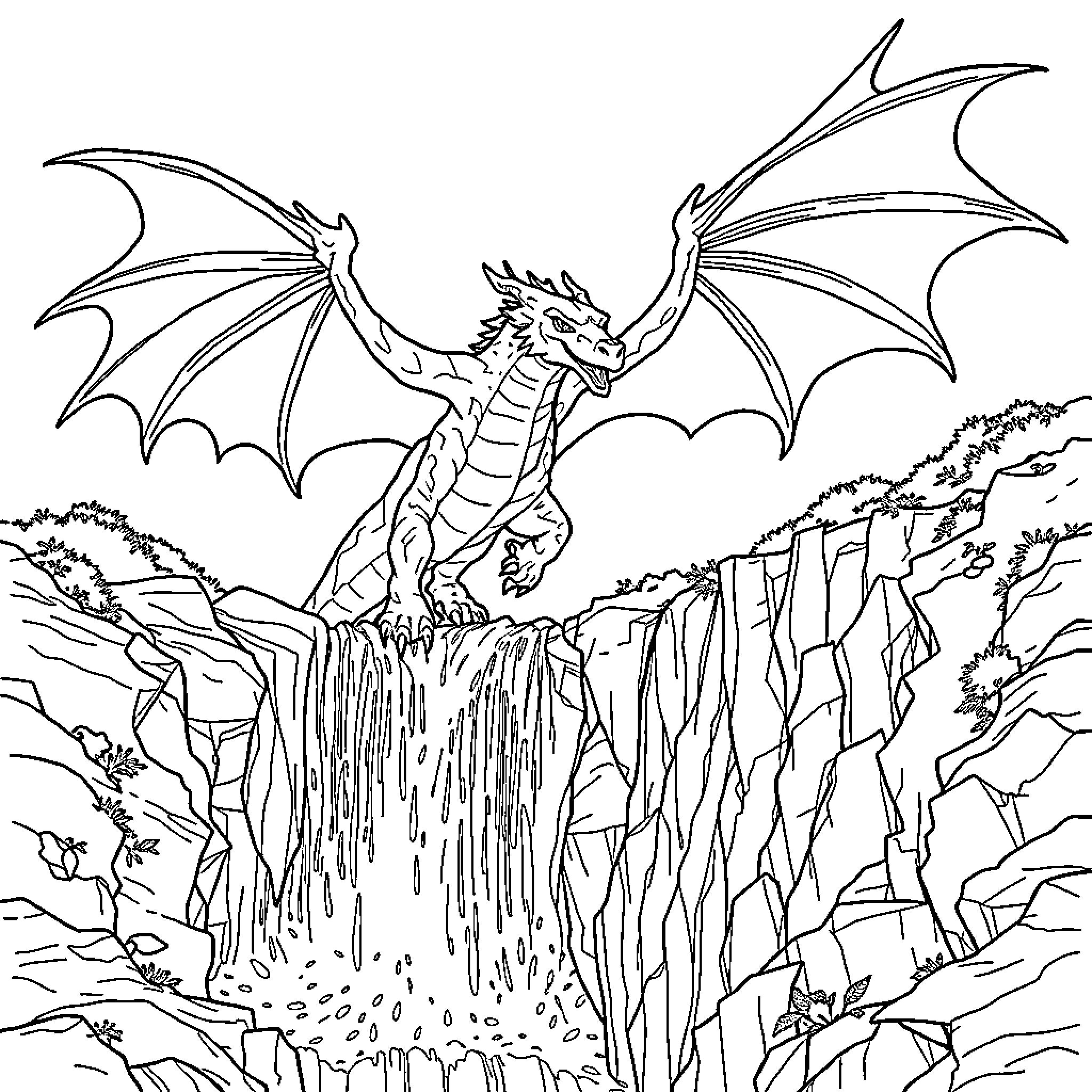 Dragon soaring over majestic mountain waterfall Coloring Page (free black-and-white line drawing printable PDF for all, from beginners to advanced learners, including children, teens, adults, and seniors)