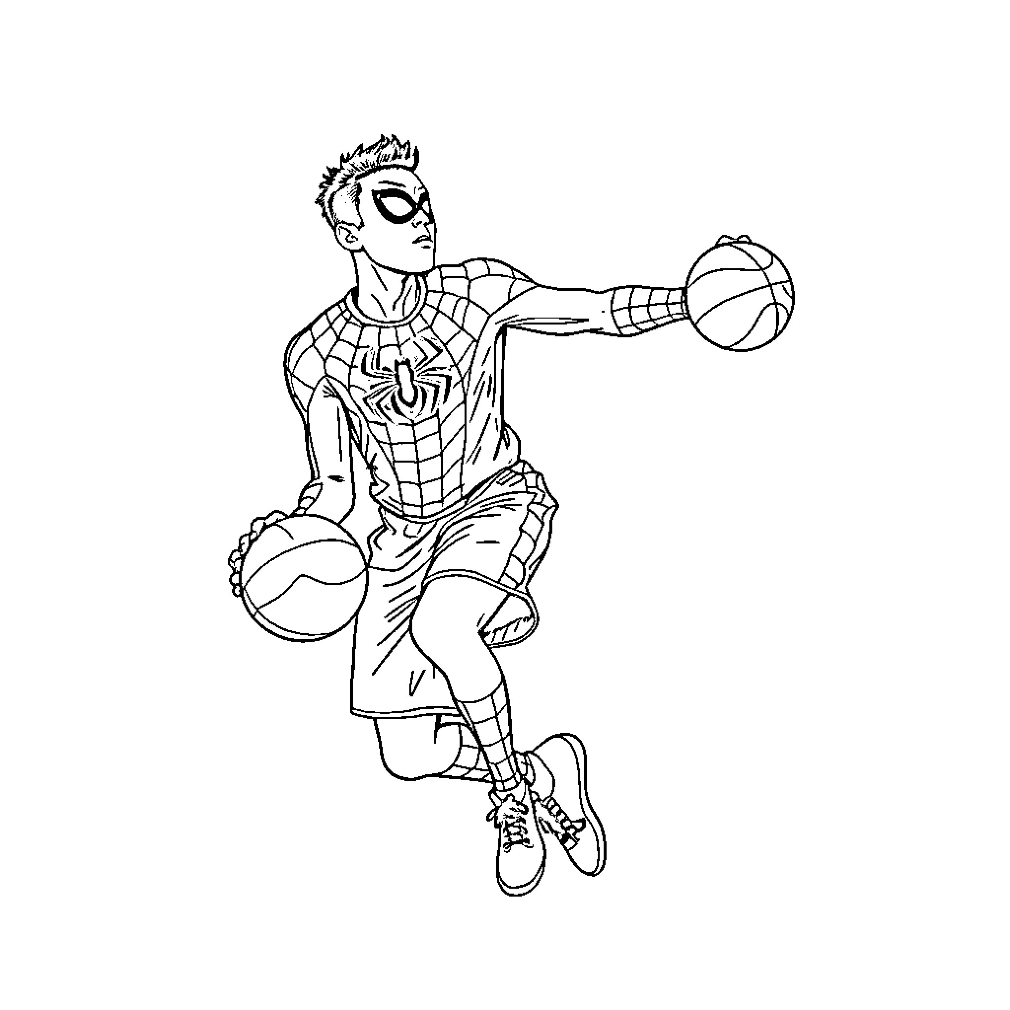 Julian Alvarez Dunking a Basketball in Action Coloring Page (free black-and-white line drawing printable PDF for all, from beginners to advanced learners, including children, teens, adults, and seniors)