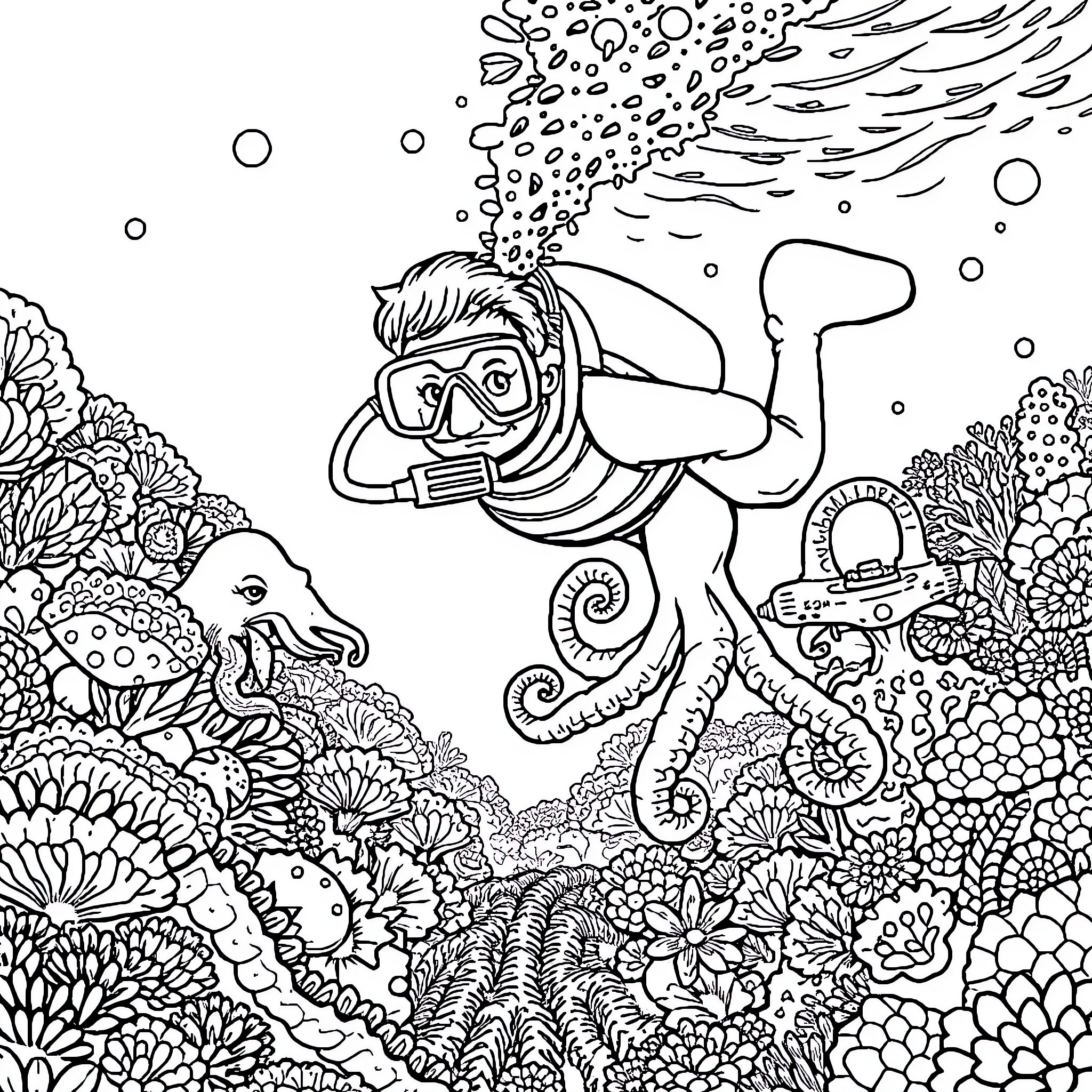 Woody Alpern's underwater adventure with colorful marine life Coloring Page (free black-and-white line drawing printable PDF for all, from beginners to advanced learners, including children, teens, adults, and seniors)
