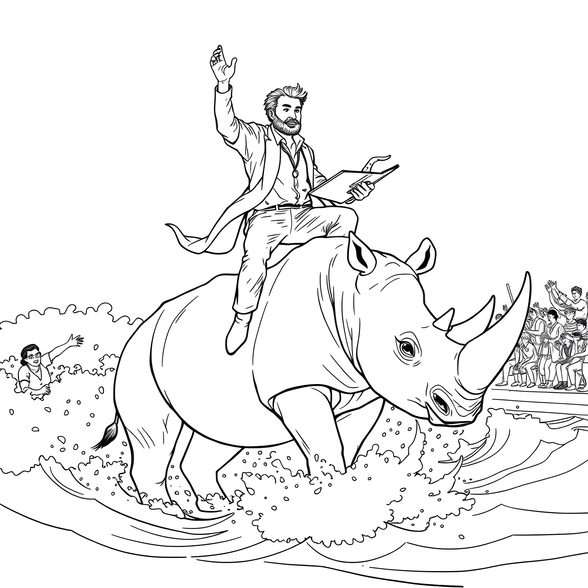 Teacher riding a rhino in the wild Coloring Page (free black-and-white line drawing printable PDF for all, from beginners to advanced learners, including children, teens, adults, and seniors)