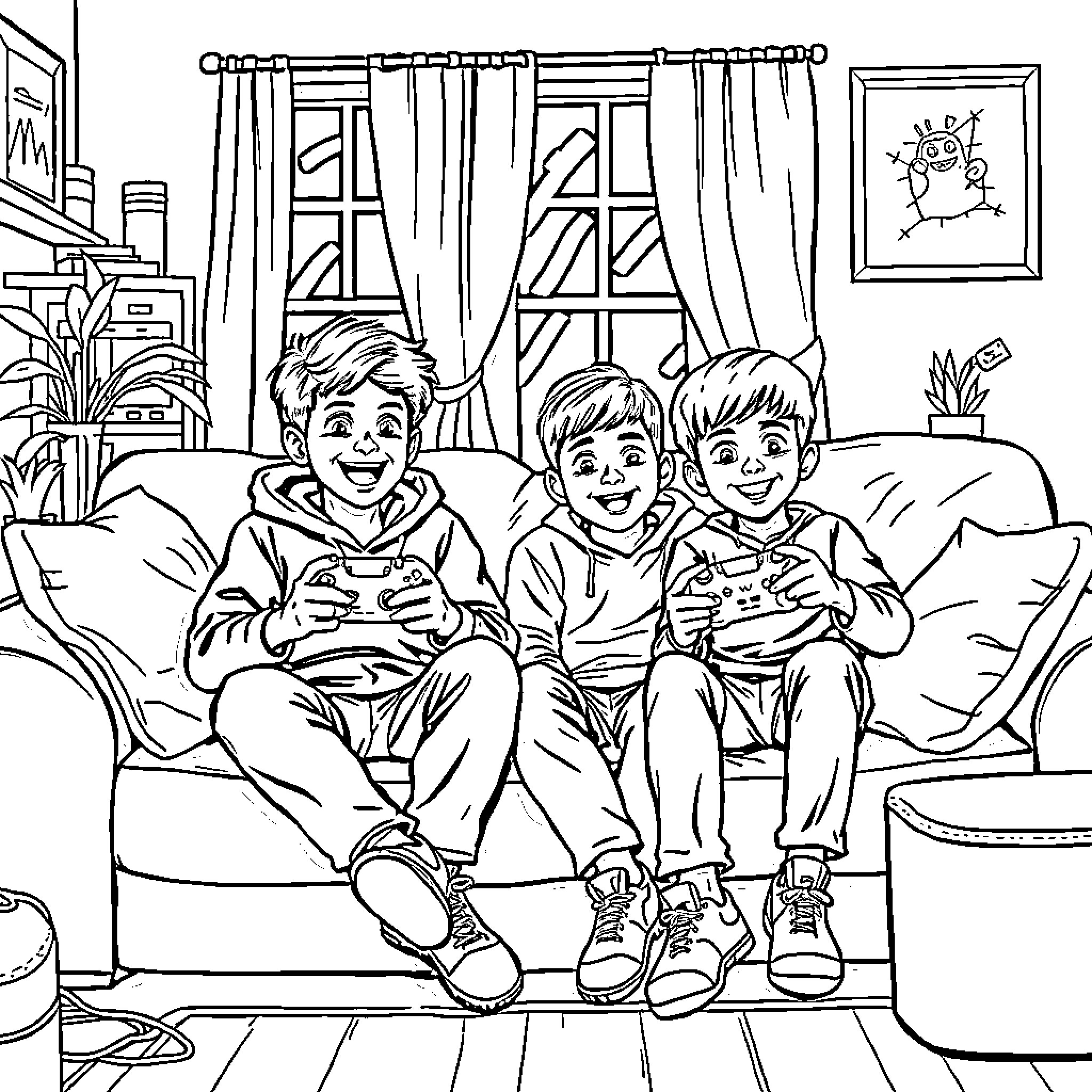Boys playing video games at home Coloring Page (free black-and-white line drawing printable PDF for all, from beginners to advanced learners, including children, teens, adults, and seniors)