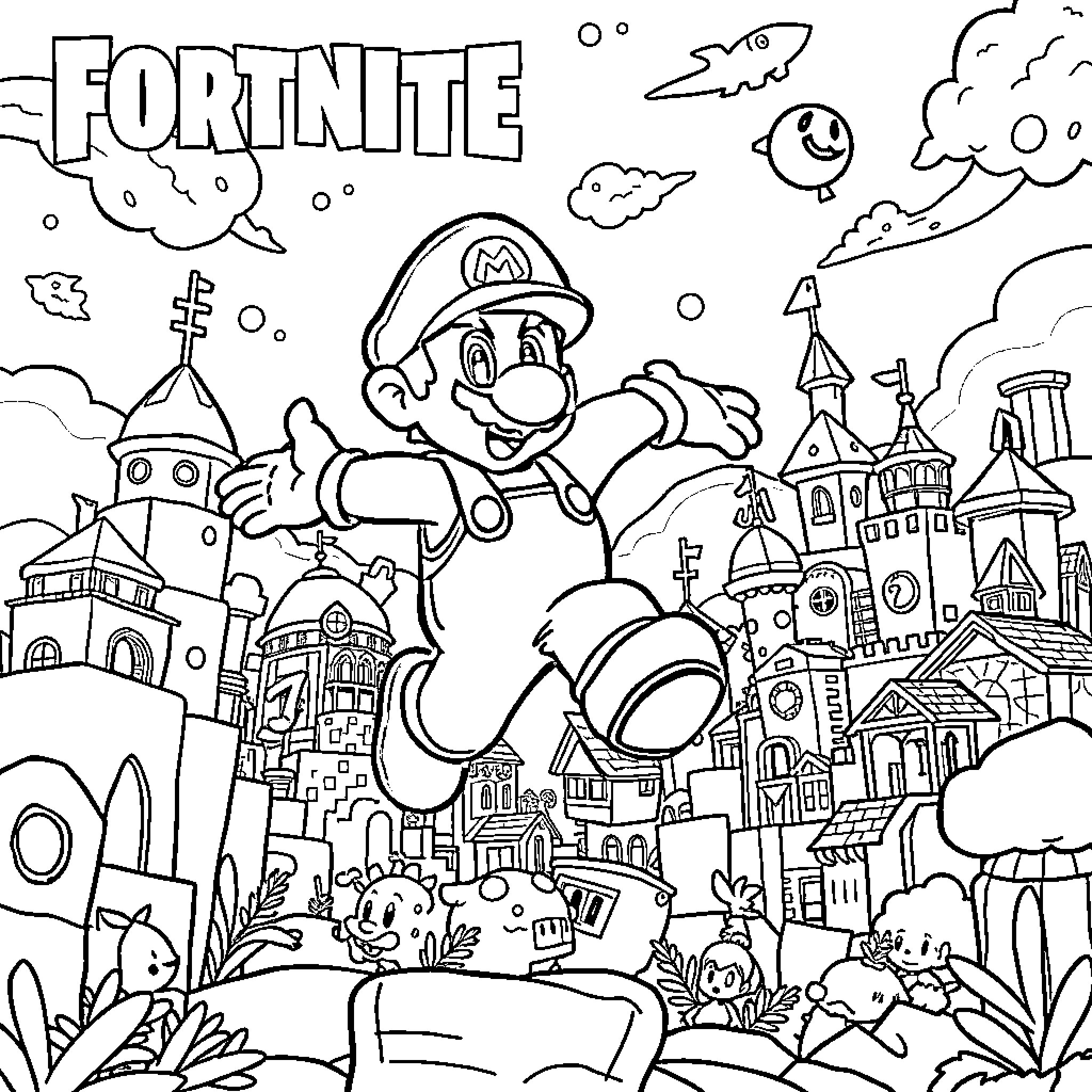 Mario exploring the vibrant Fortnite world Coloring Page (free black-and-white line drawing printable PDF for all, from beginners to advanced learners, including children, teens, adults, and seniors)