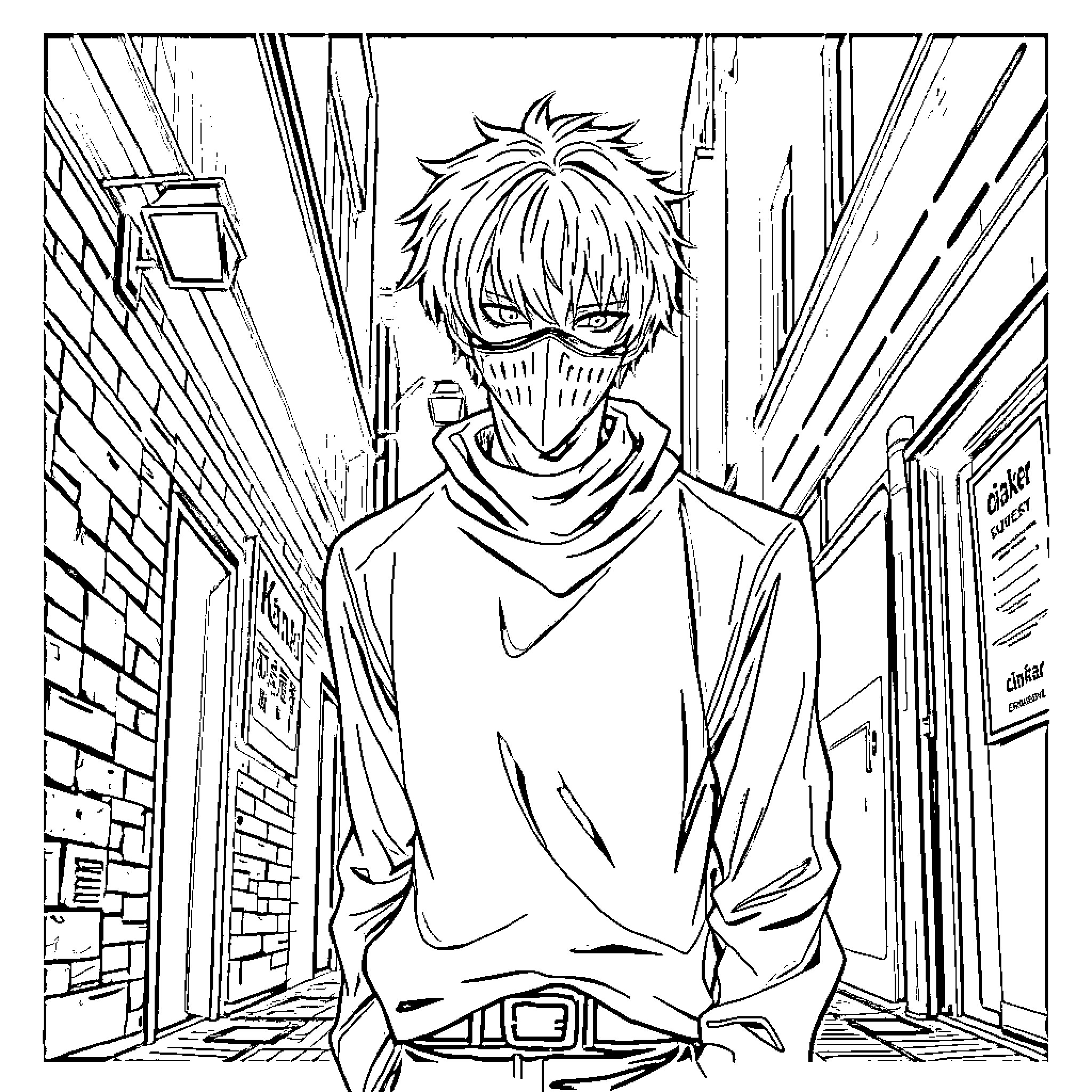 Tokyo Ghoul: Masked Protagonist in Urban Alley Coloring Page (free black-and-white line drawing printable PDF for all, from beginners to advanced learners, including children, teens, adults, and seniors)