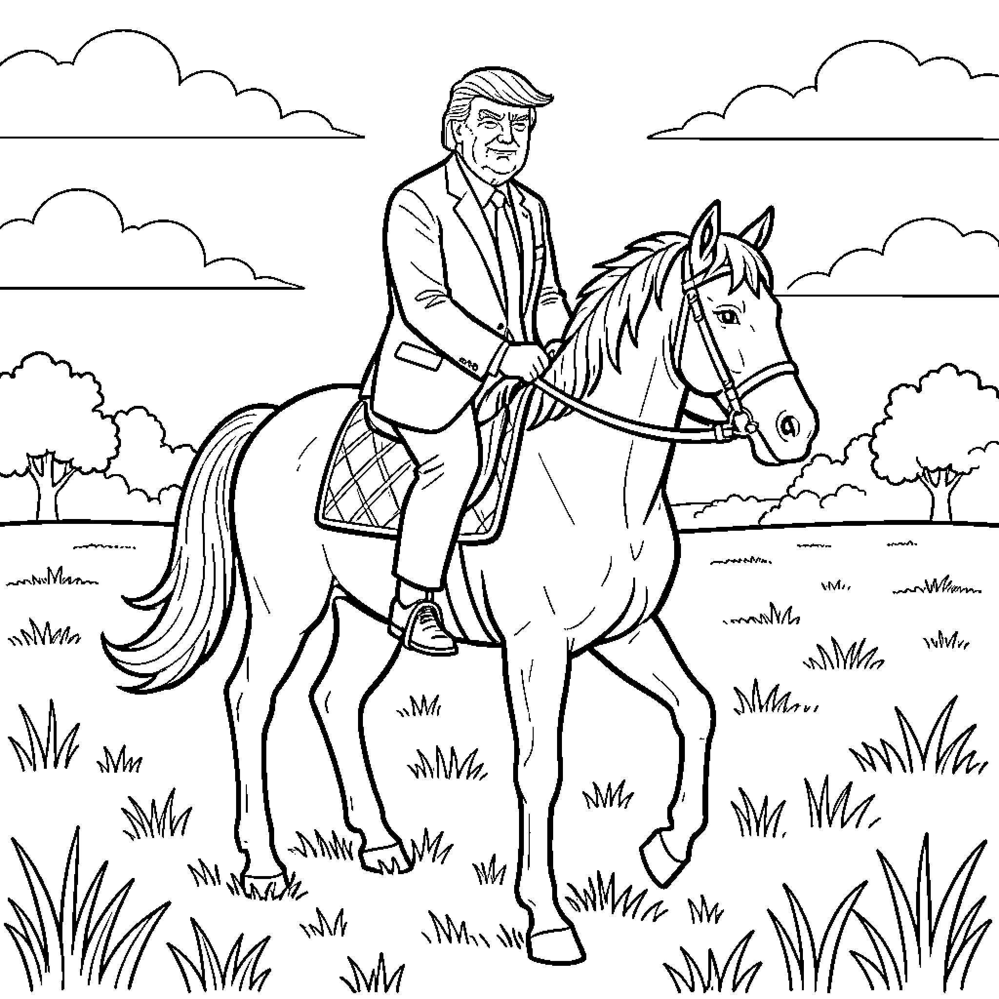 Trump riding a horse through a grassy field Coloring Page (free black-and-white line drawing printable PDF for all, from beginners to advanced learners, including children, teens, adults, and seniors)