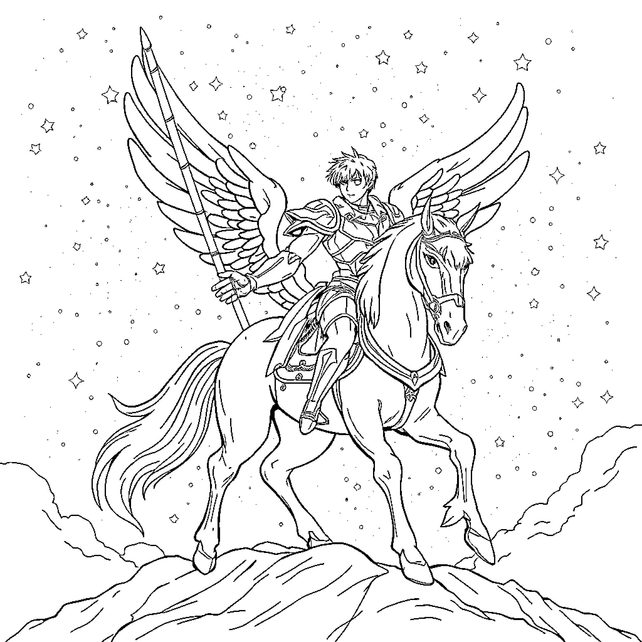 Pegasus Knight Soaring Through the Starry Sky Coloring Page (free black-and-white line drawing printable PDF for all, from beginners to advanced learners, including children, teens, adults, and seniors)