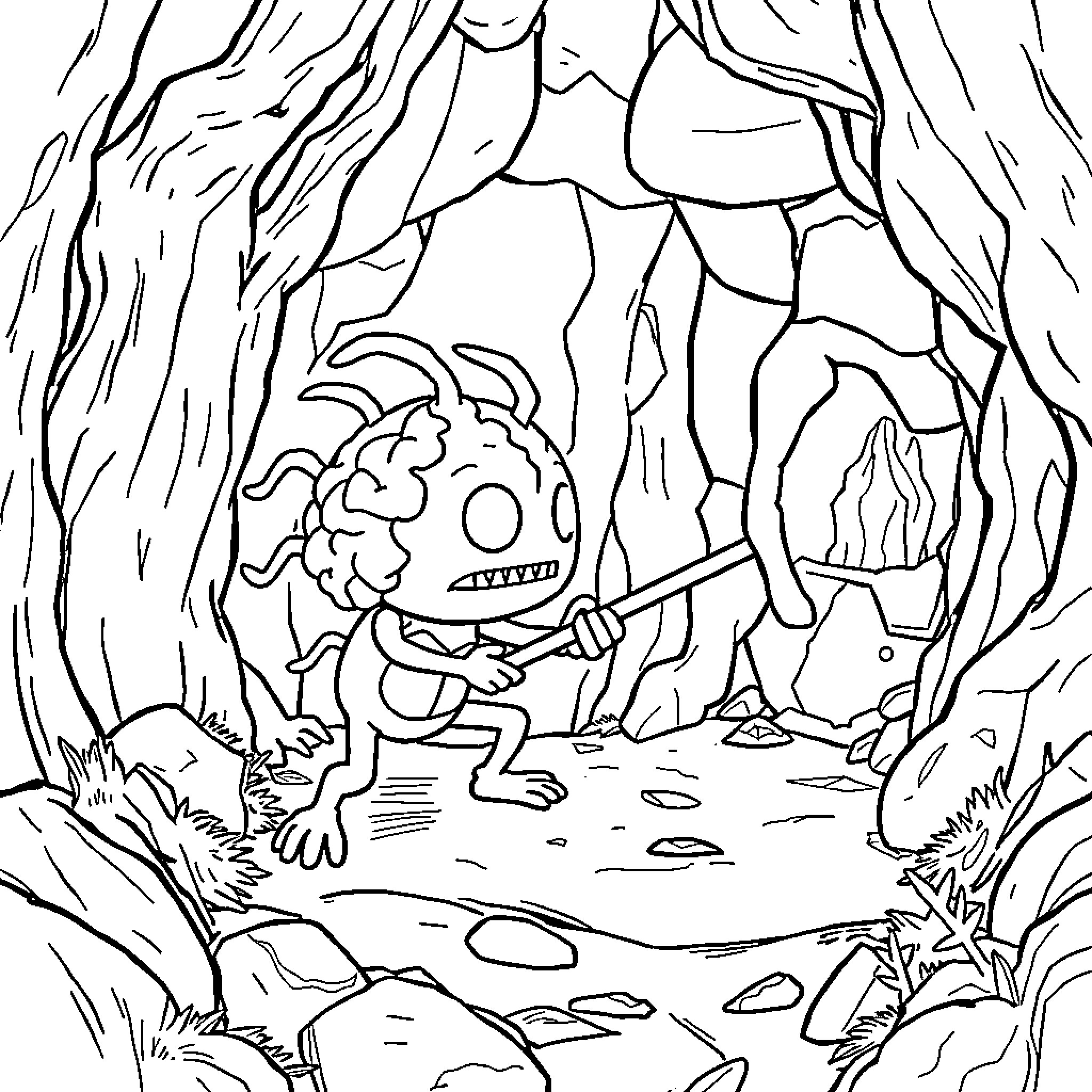 Brainrot: Quirky creature exploring the forest Coloring Page (free black-and-white line drawing printable PDF for all, from beginners to advanced learners, including children, teens, adults, and seniors)