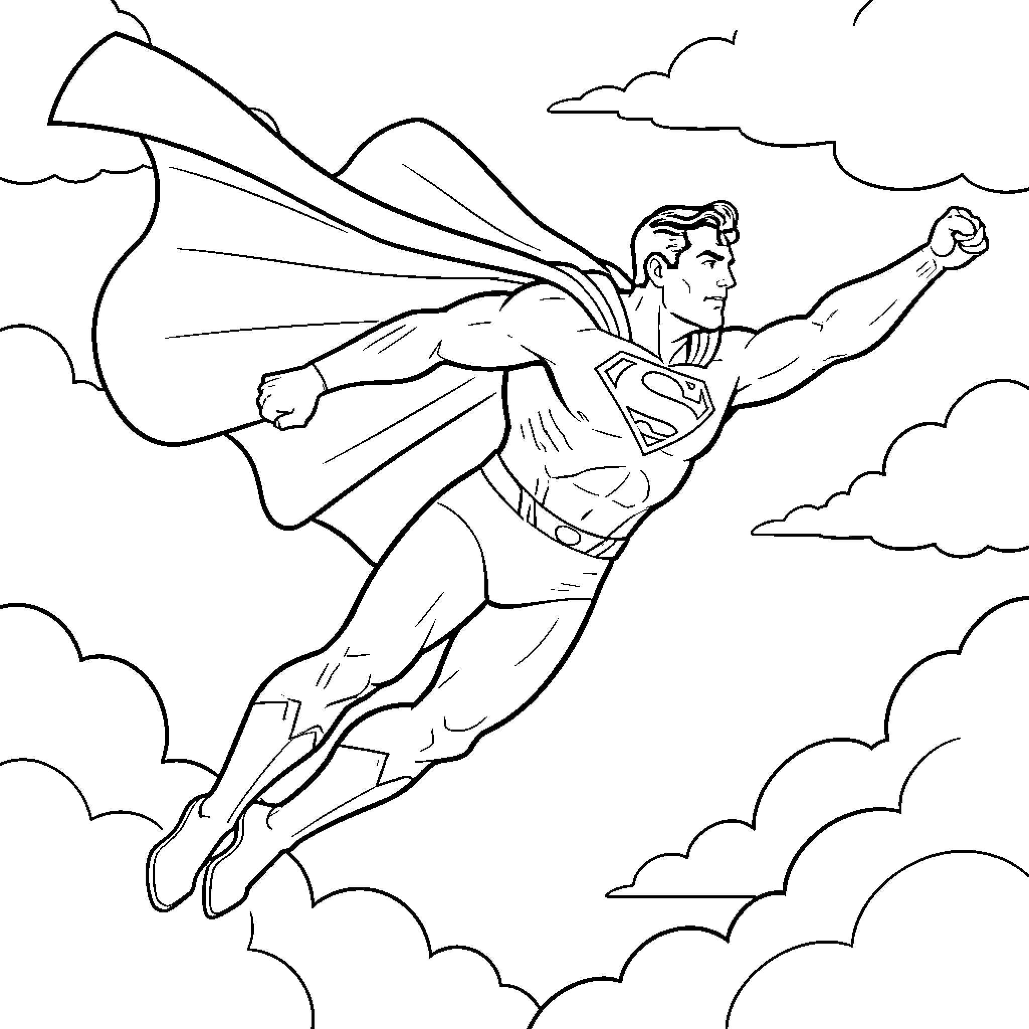 Superman soaring through the sky with outstretched arms Coloring Page (free black-and-white line drawing printable PDF for all, from beginners to advanced learners, including children, teens, adults, and seniors)