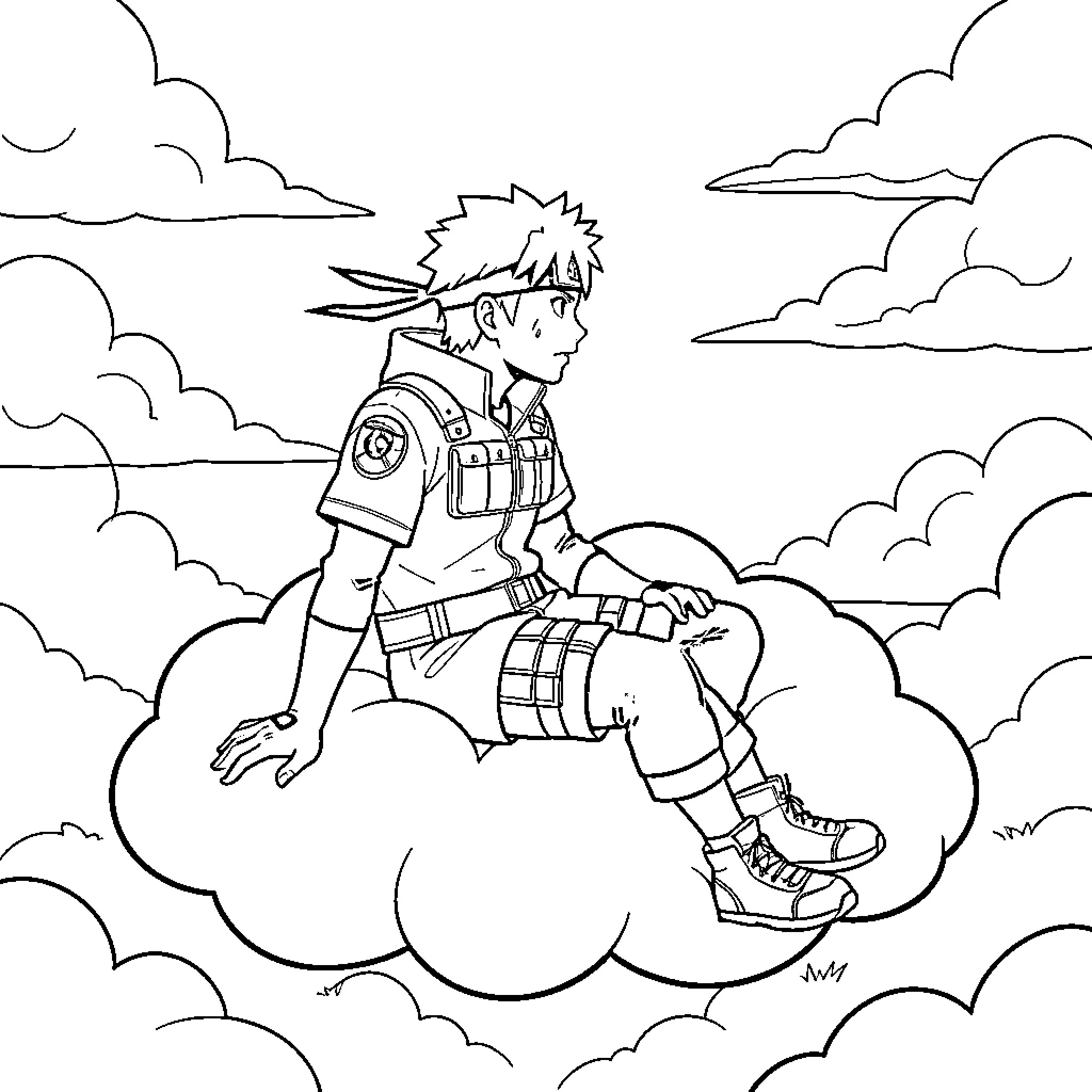 Boruto sitting thoughtfully on a cloud in the sky Coloring Page (free black-and-white line drawing printable PDF for all, from beginners to advanced learners, including children, teens, adults, and seniors)