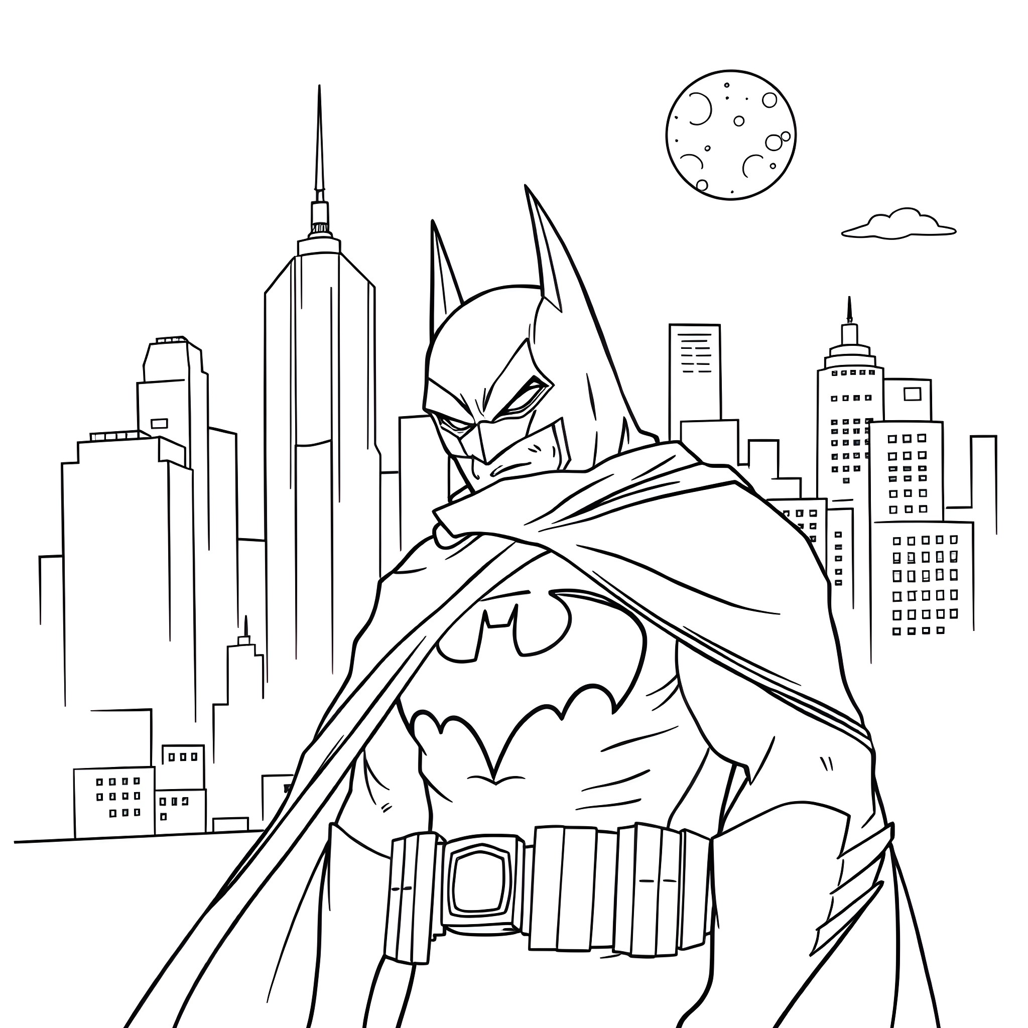 Batman surveying the city at night Coloring Page (free black-and-white line drawing printable PDF for all, from beginners to advanced learners, including children, teens, adults, and seniors)