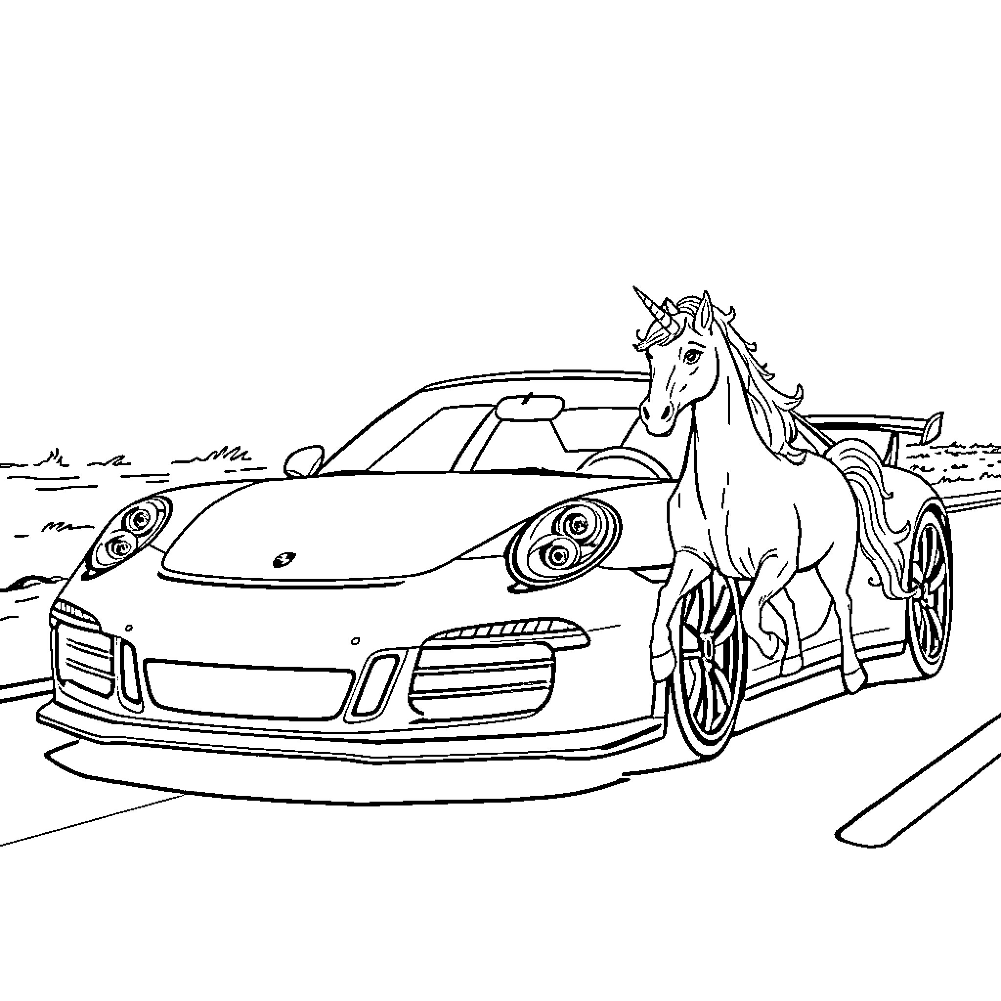 Porsche sports car and a unicorn on the road Coloring Page (free black-and-white line drawing printable PDF for all, from beginners to advanced learners, including children, teens, adults, and seniors)
