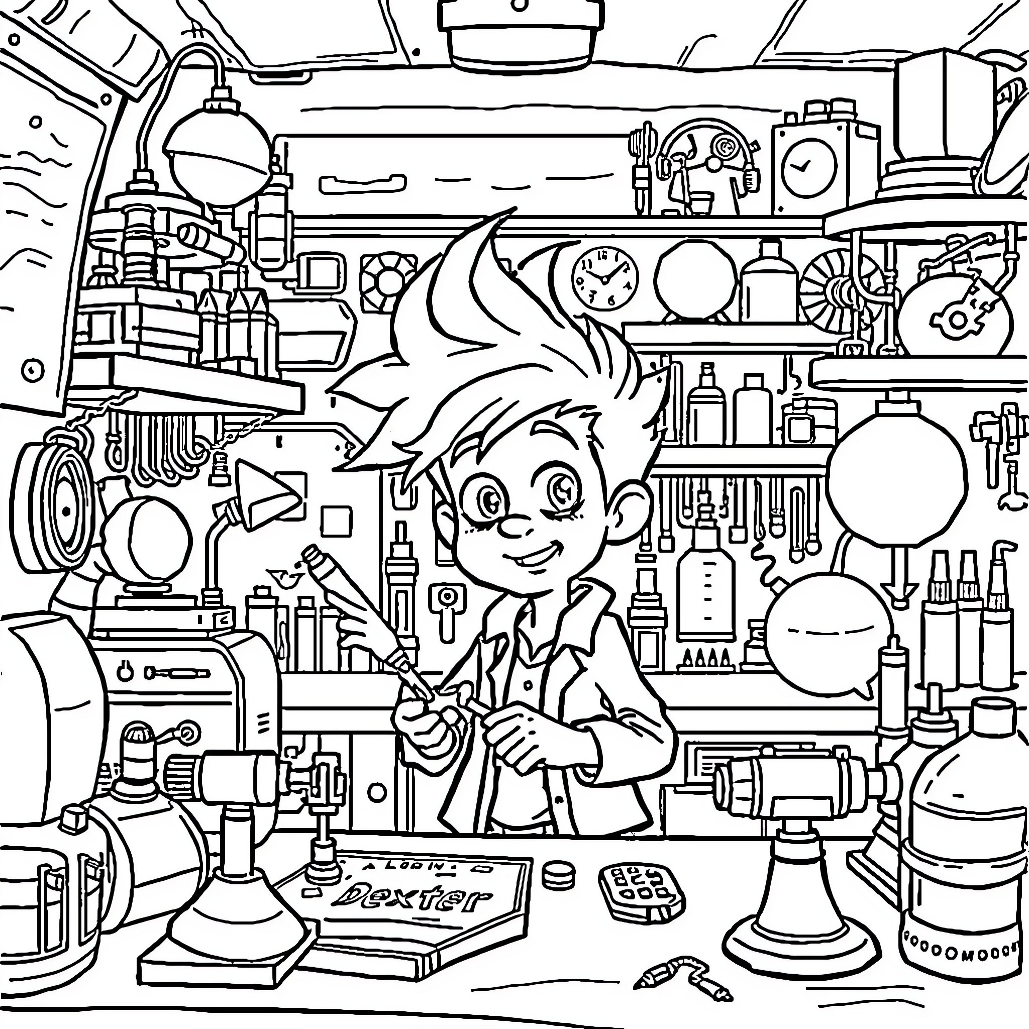 Dexter's Vibrant Science Lab Adventure Coloring Page (free black-and-white line drawing printable PDF for all, from beginners to advanced learners, including children, teens, adults, and seniors)