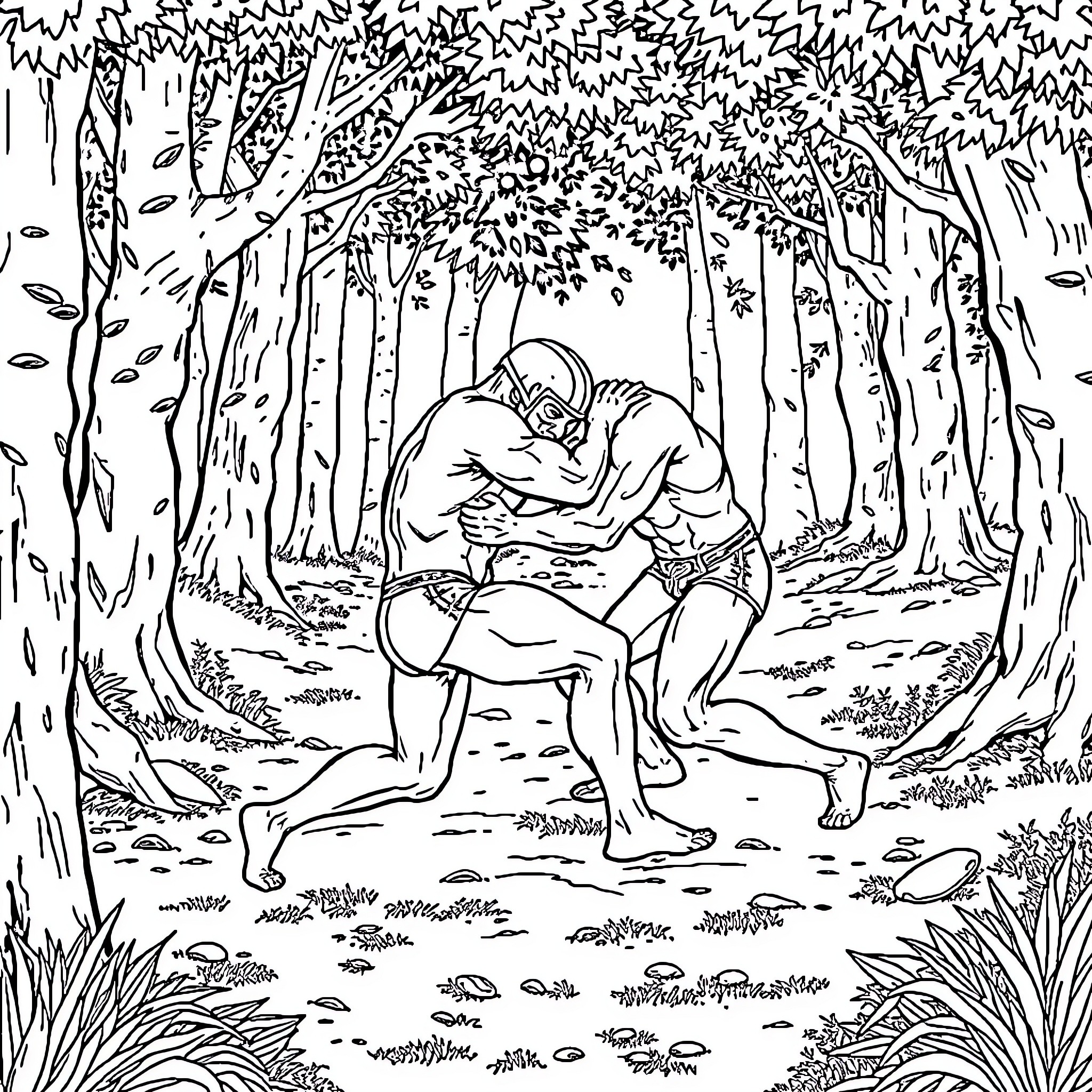 Wrestling in the Rugged Wilderness Coloring Page (free black-and-white line drawing printable PDF for all, from beginners to advanced learners, including children, teens, adults, and seniors)