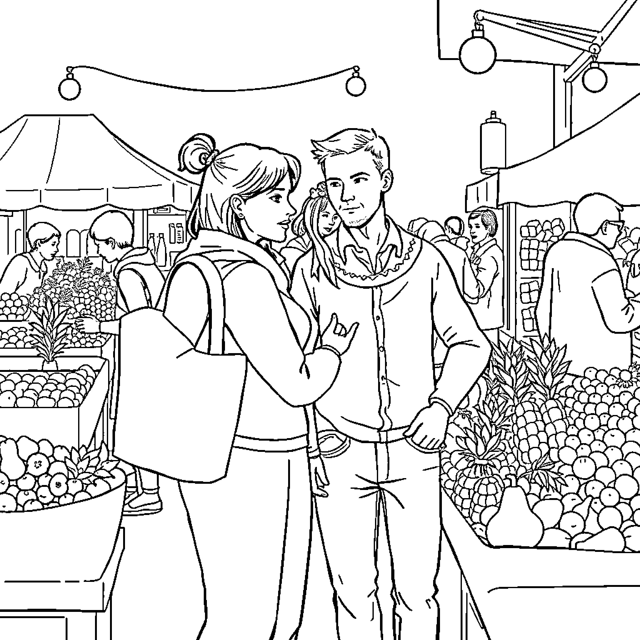 Wife and husband enjoying romantic evening at local market Coloring Page (free black-and-white line drawing printable PDF for all, from beginners to advanced learners, including children, teens, adults, and seniors)