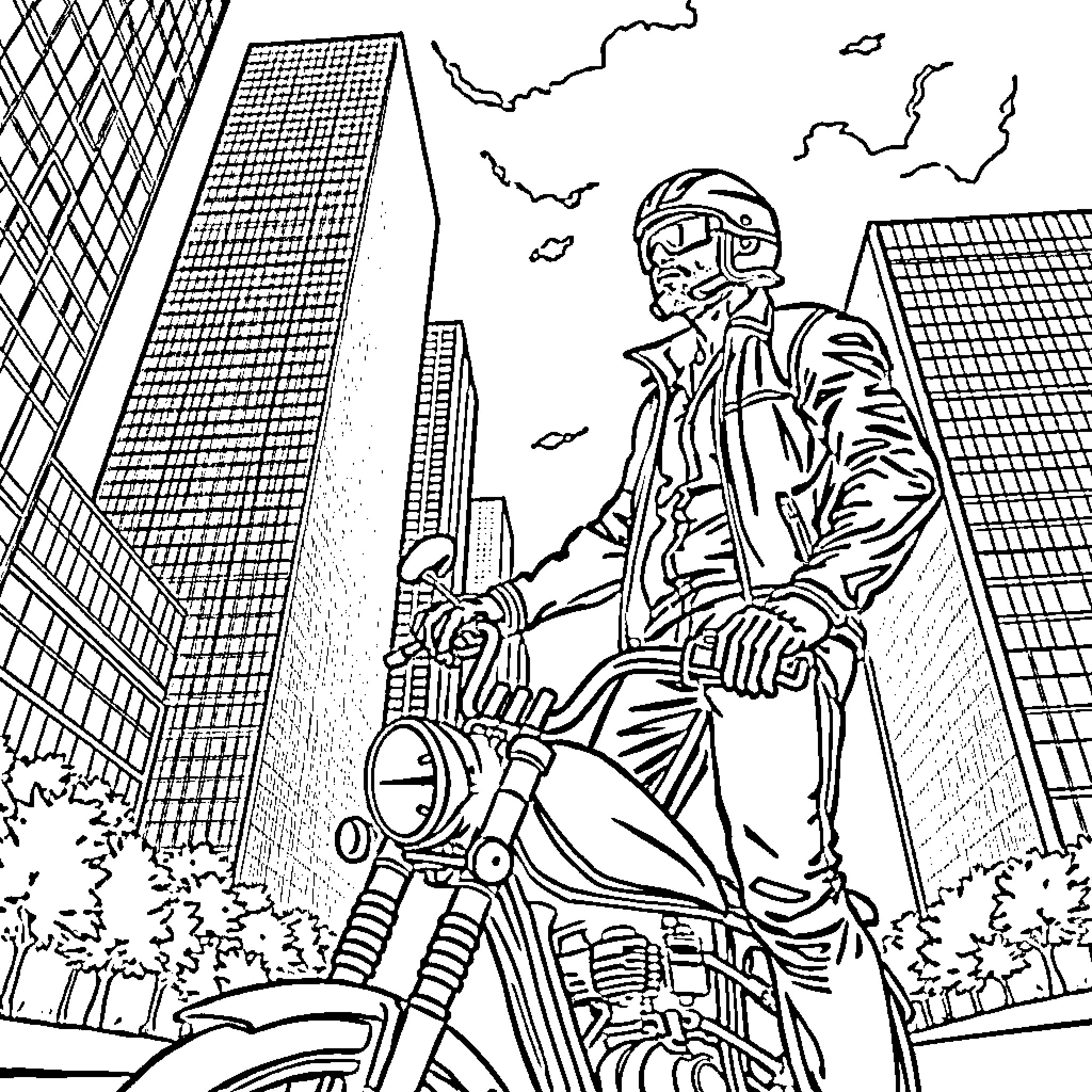 Biker exploring the bustling city on his motorcycle Coloring Page (free black-and-white line drawing printable PDF for all, from beginners to advanced learners, including children, teens, adults, and seniors)