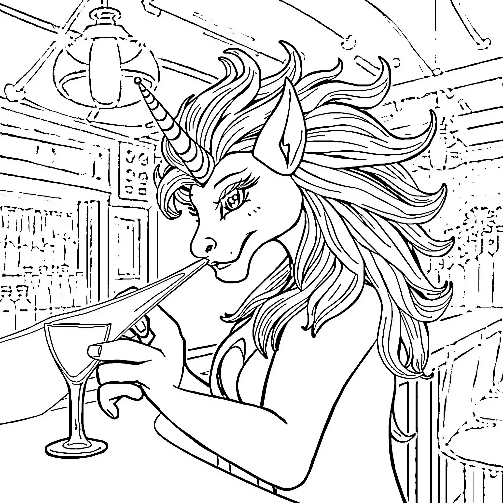 Mermaid sipping cocktail in underwater bar Coloring Page (free black-and-white line drawing printable PDF for all, from beginners to advanced learners, including children, teens, adults, and seniors)