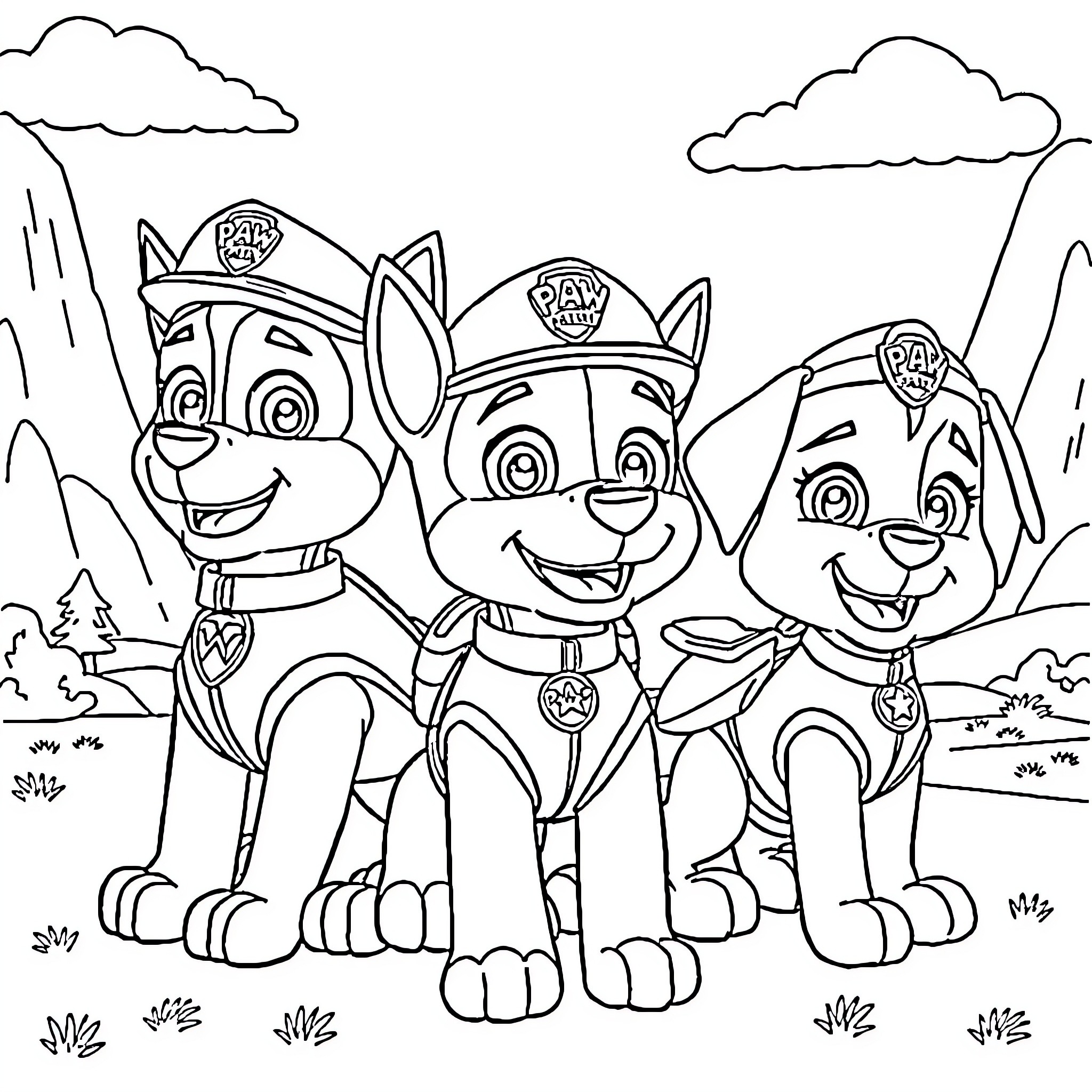 Paw Patrol characters in action Coloring Page (free black-and-white line drawing printable PDF for all, from beginners to advanced learners, including children, teens, adults, and seniors)