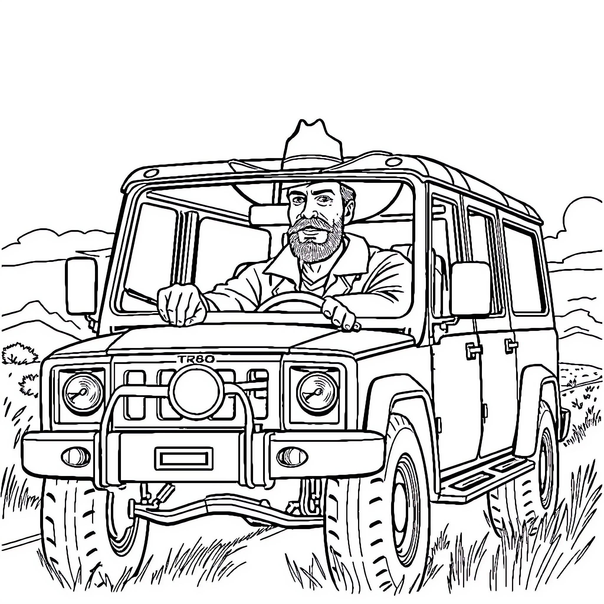 Gmt800 Man Driving Off-road Vehicle in Nature Coloring Page (free black-and-white line drawing printable PDF for all, from beginners to advanced learners, including children, teens, adults, and seniors)