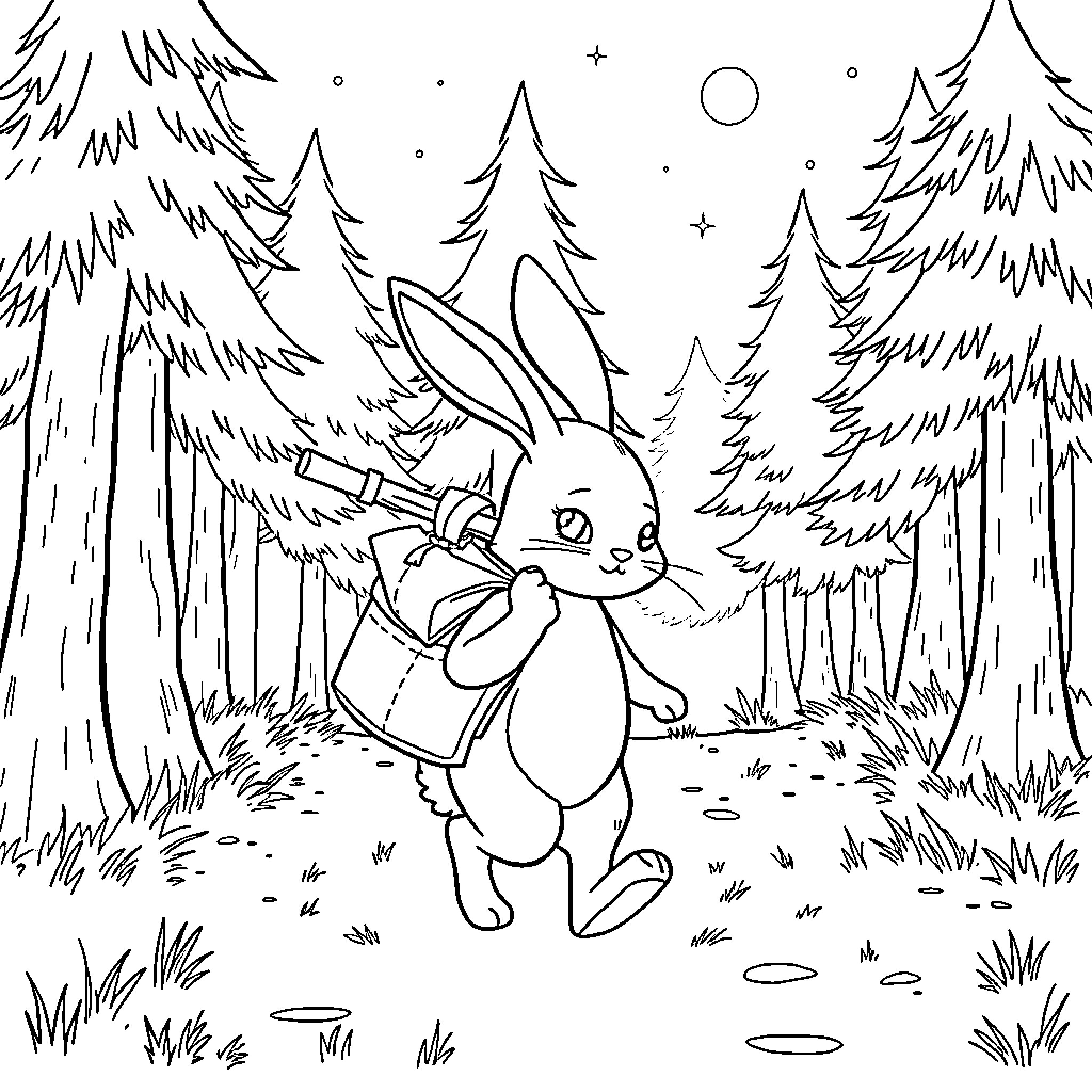 Bunny hopping happily through the forest Coloring Page (free black-and-white line drawing printable PDF for all, from beginners to advanced learners, including children, teens, adults, and seniors)