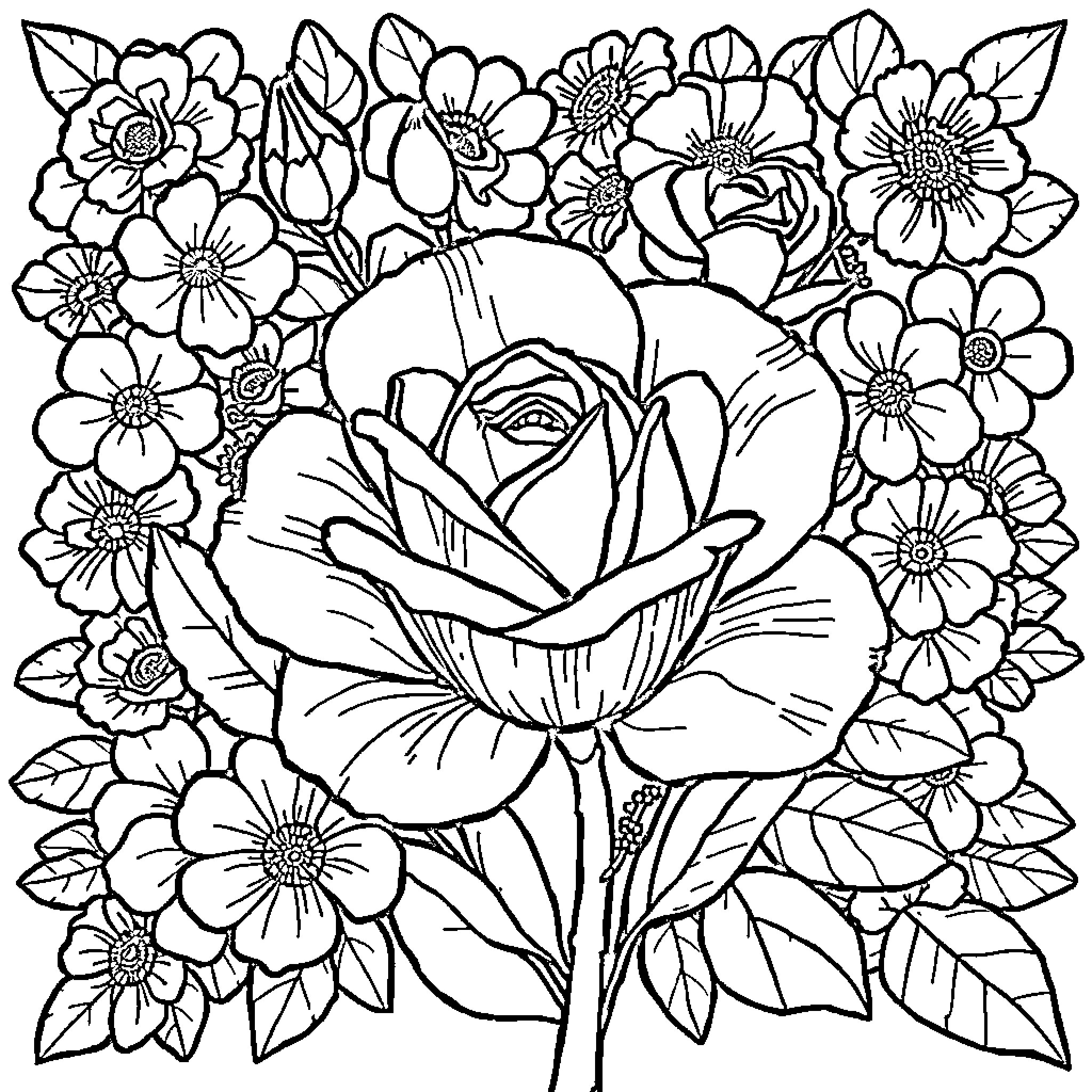 Peony flowers blooming in a lush garden Coloring Page (free black-and-white line drawing printable PDF for all, from beginners to advanced learners, including children, teens, adults, and seniors)