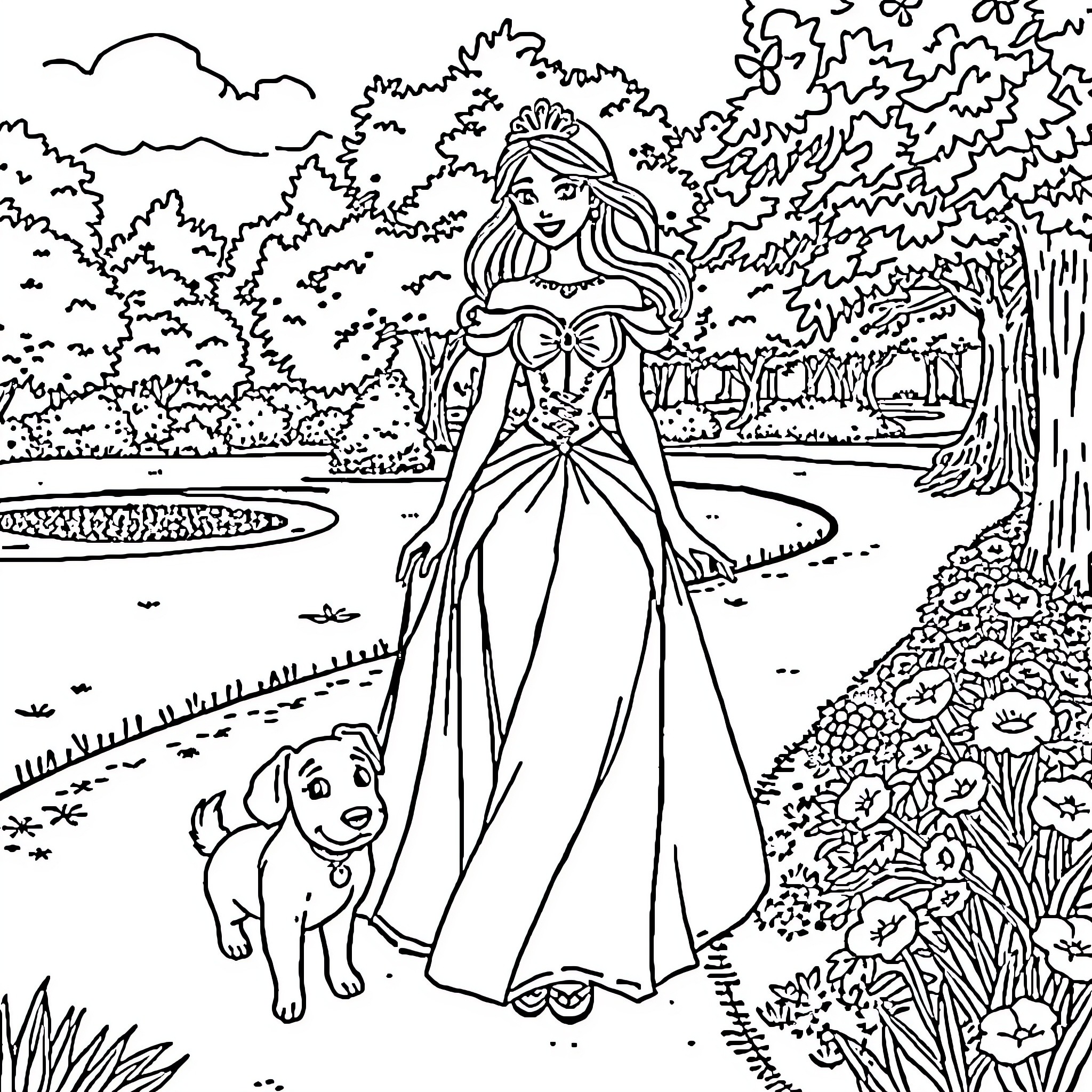Princess strolling through the enchanted forest with her loyal companion Coloring Page (free black-and-white line drawing printable PDF for all, from beginners to advanced learners, including children, teens, adults, and seniors)
